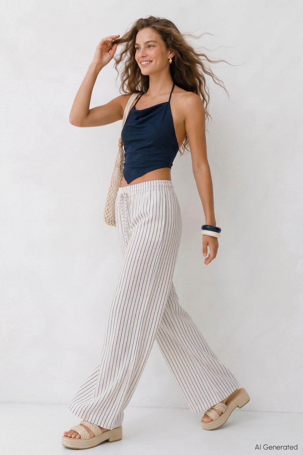 Cepli Çizgili Müslin Bol Paça Pantolon 8623A Laci - RAYS