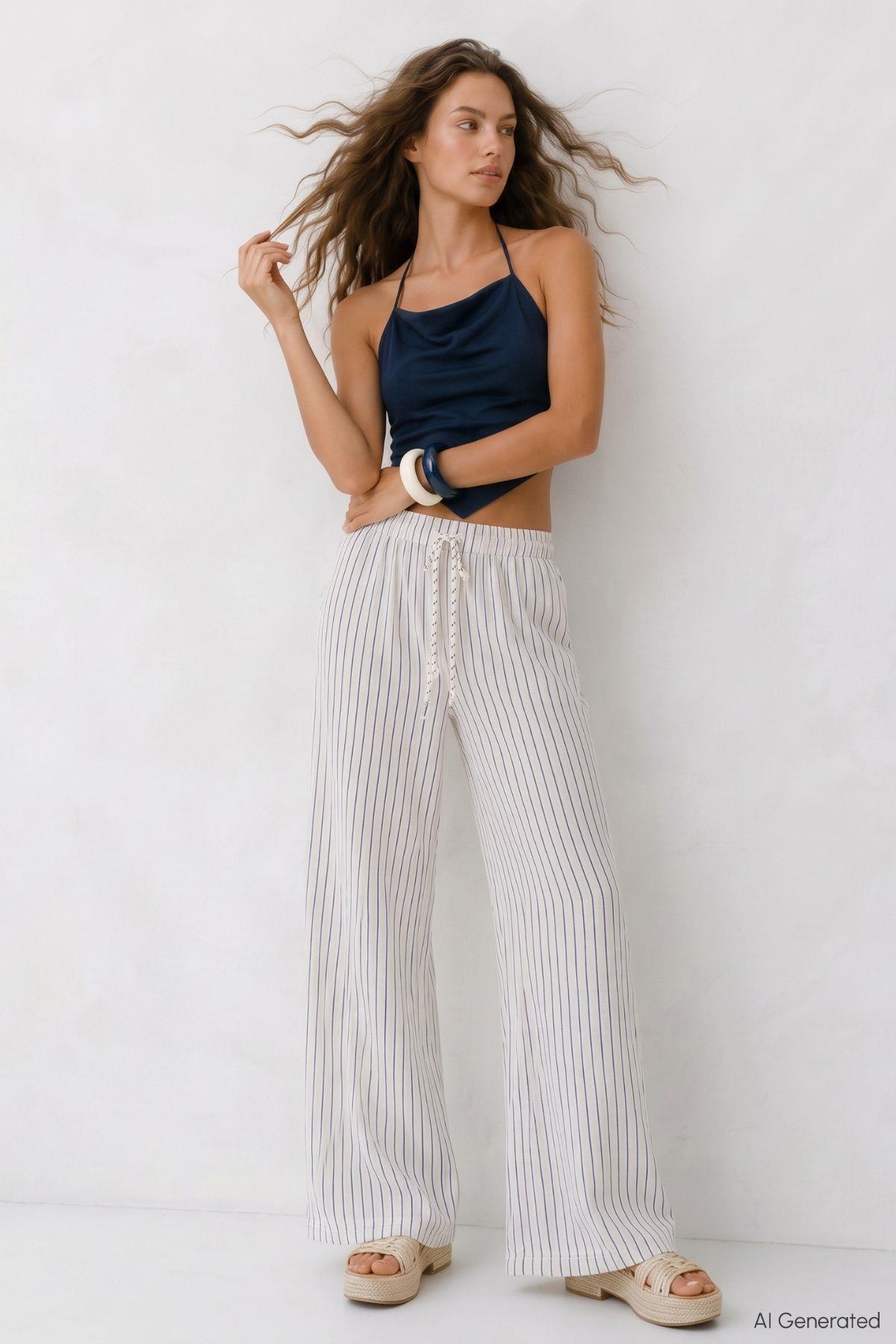 Cepli Çizgili Müslin Bol Paça Pantolon 8623A Laci - RAYS (1)