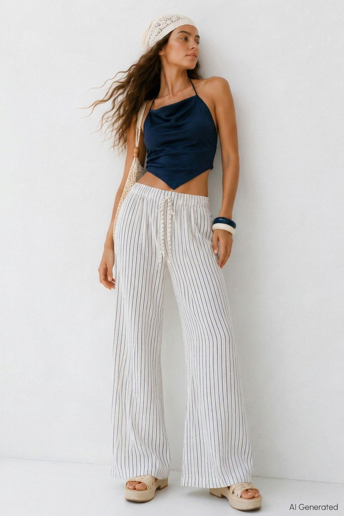 Cepli Çizgili Müslin Bol Paça Pantolon 8623A Laci - RAYS