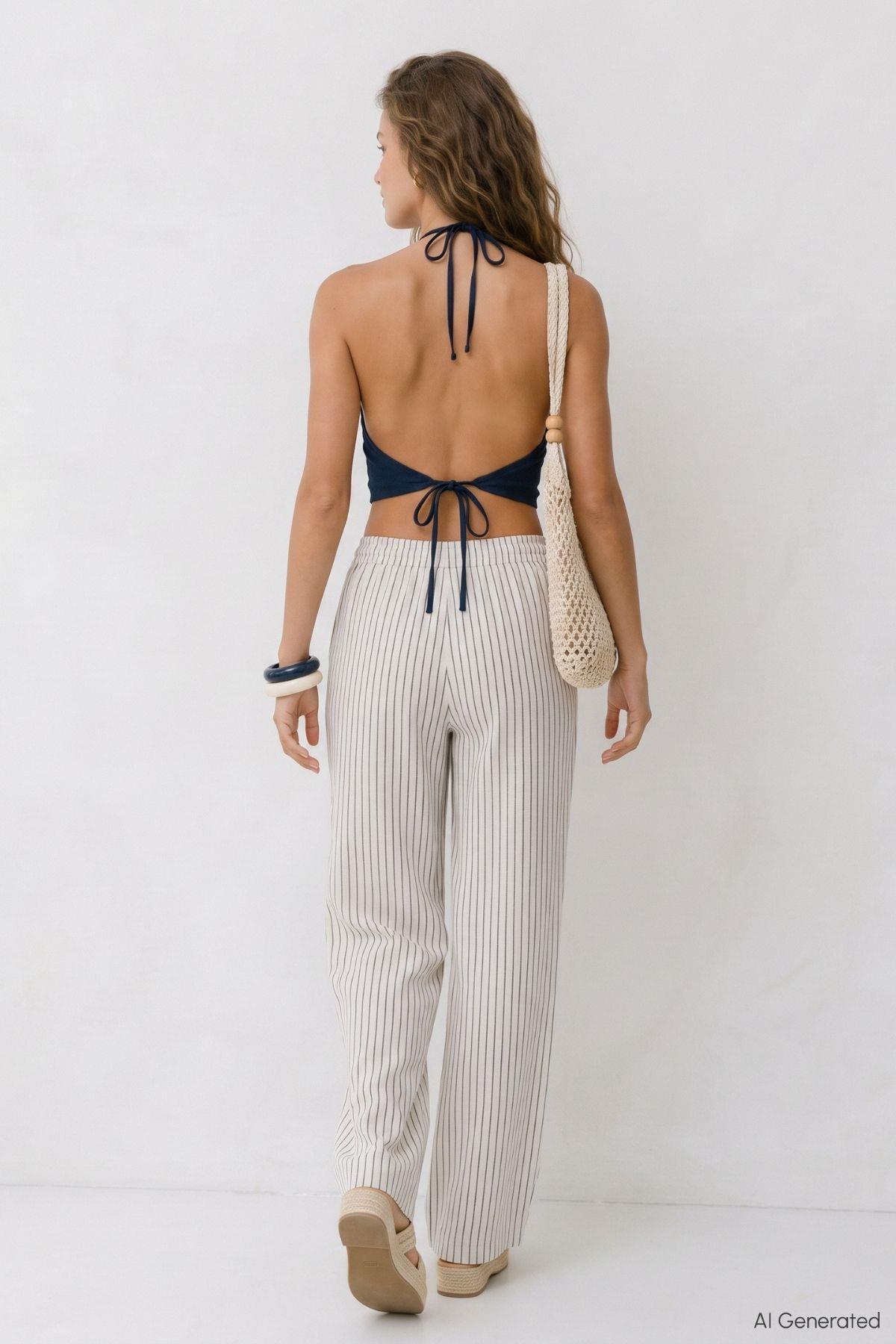 Cepli Çizgili Müslin Bol Paça Pantolon 8623A Laci - RAYS