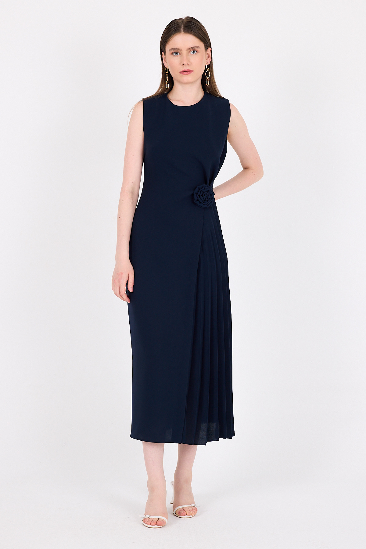 Laci Çiçek Detaylı Pliseli Midi Abiye Elbise 251671 