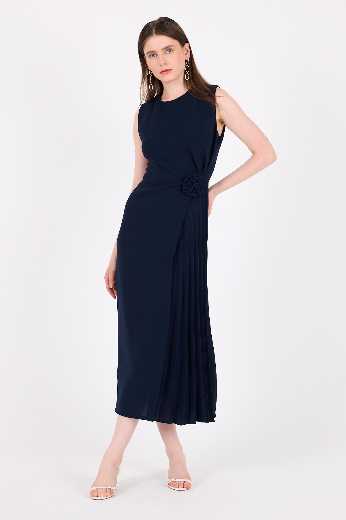 Laci Çiçek Detaylı Pliseli Midi Abiye Elbise 251671 - 6