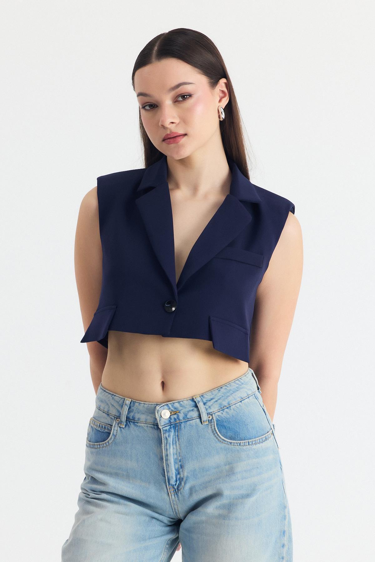 Laci Crop Vatkalı Tek Düğme Cep Detay Yelek 6929 - 1