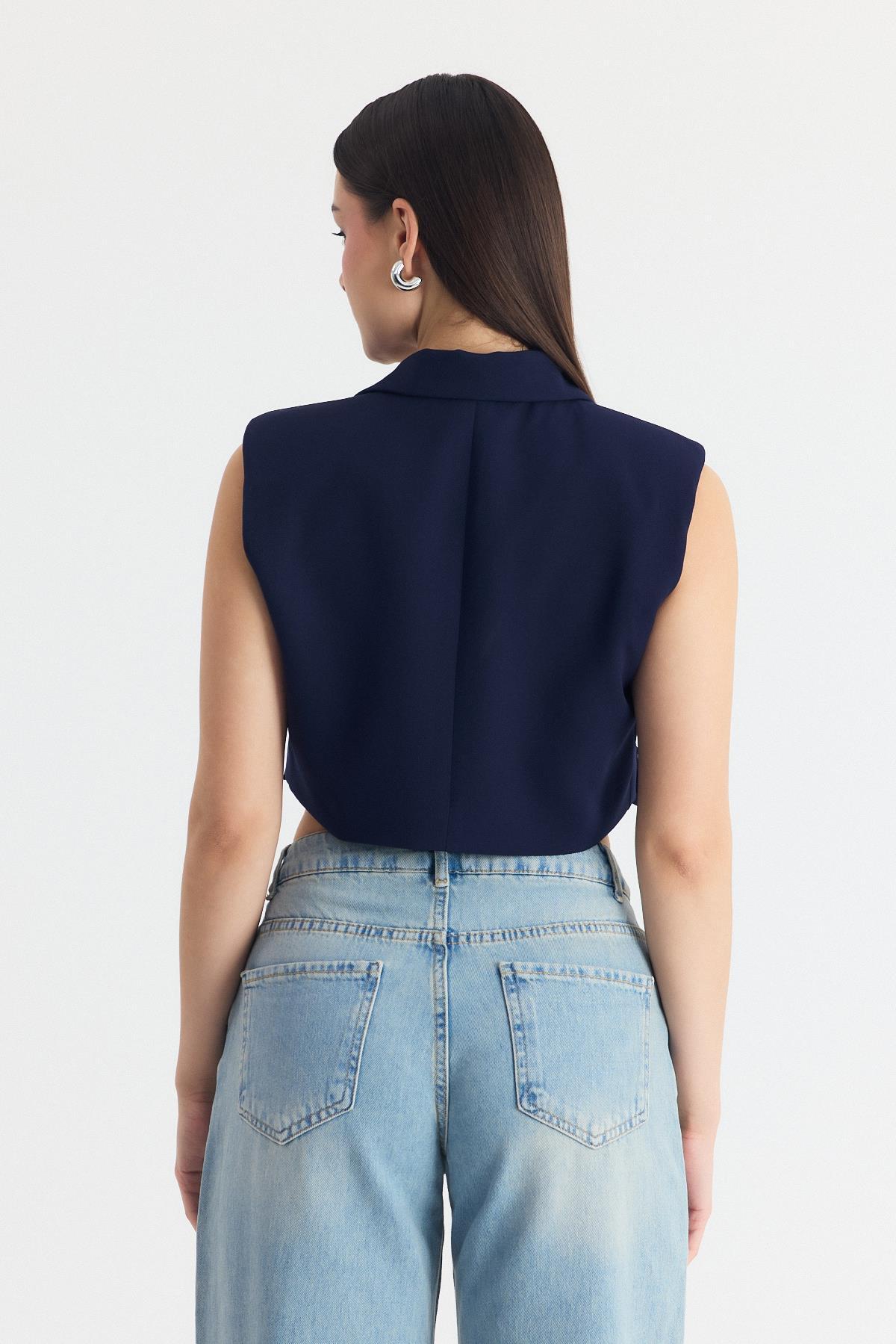 Laci Crop Vatkalı Tek Düğme Cep Detay Yelek 6929 - 5