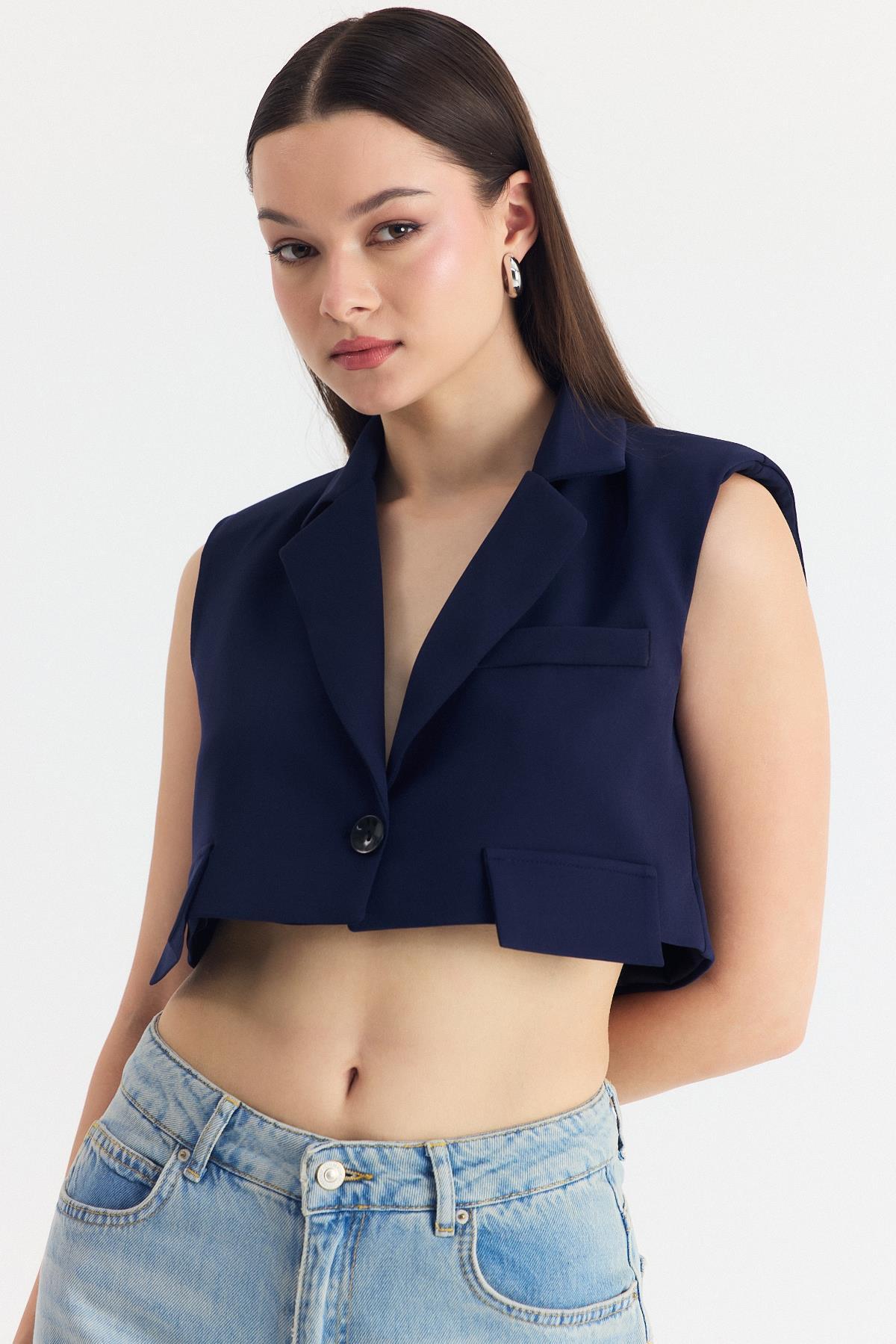 Laci Crop Vatkalı Tek Düğme Cep Detay Yelek 6929 - 6