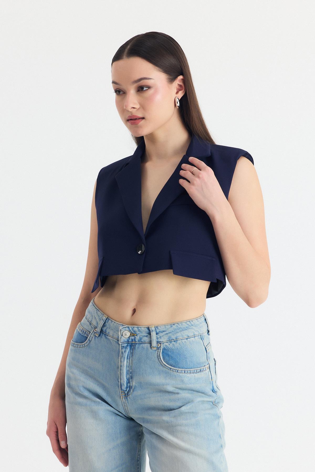 Laci Crop Vatkalı Tek Düğme Cep Detay Yelek 6929 - 8