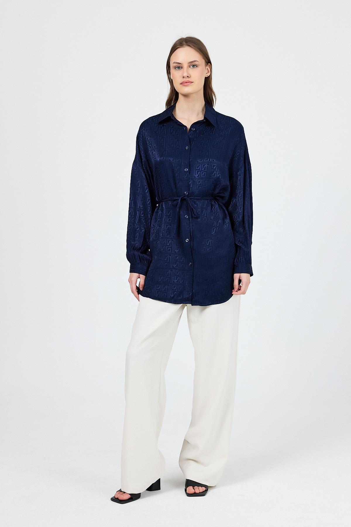 Laci Desenli Saten Görünümlü İp Bağlama Detaylı Gömlek 4293A 