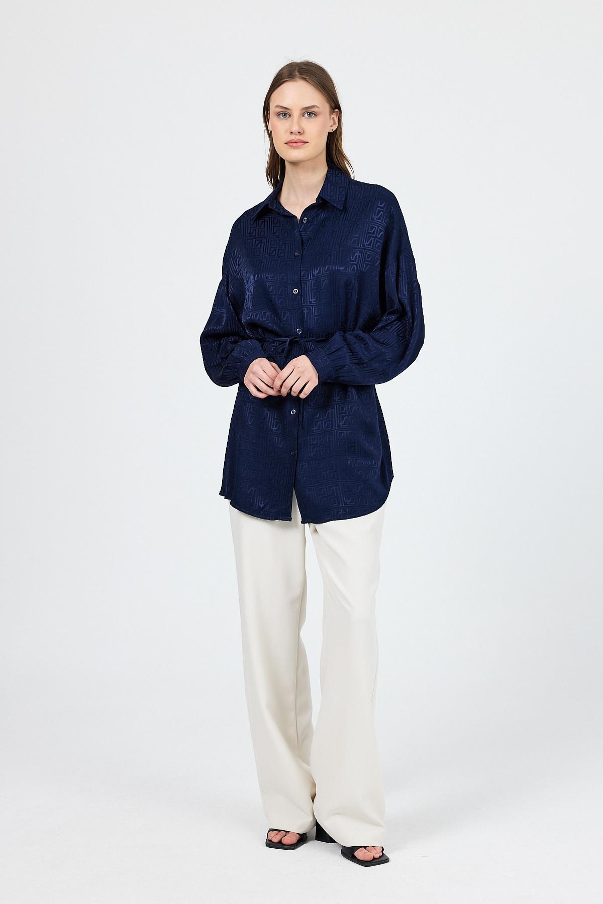 Laci Desenli Saten Görünümlü İp Bağlama Detaylı Gömlek 4293A - 7