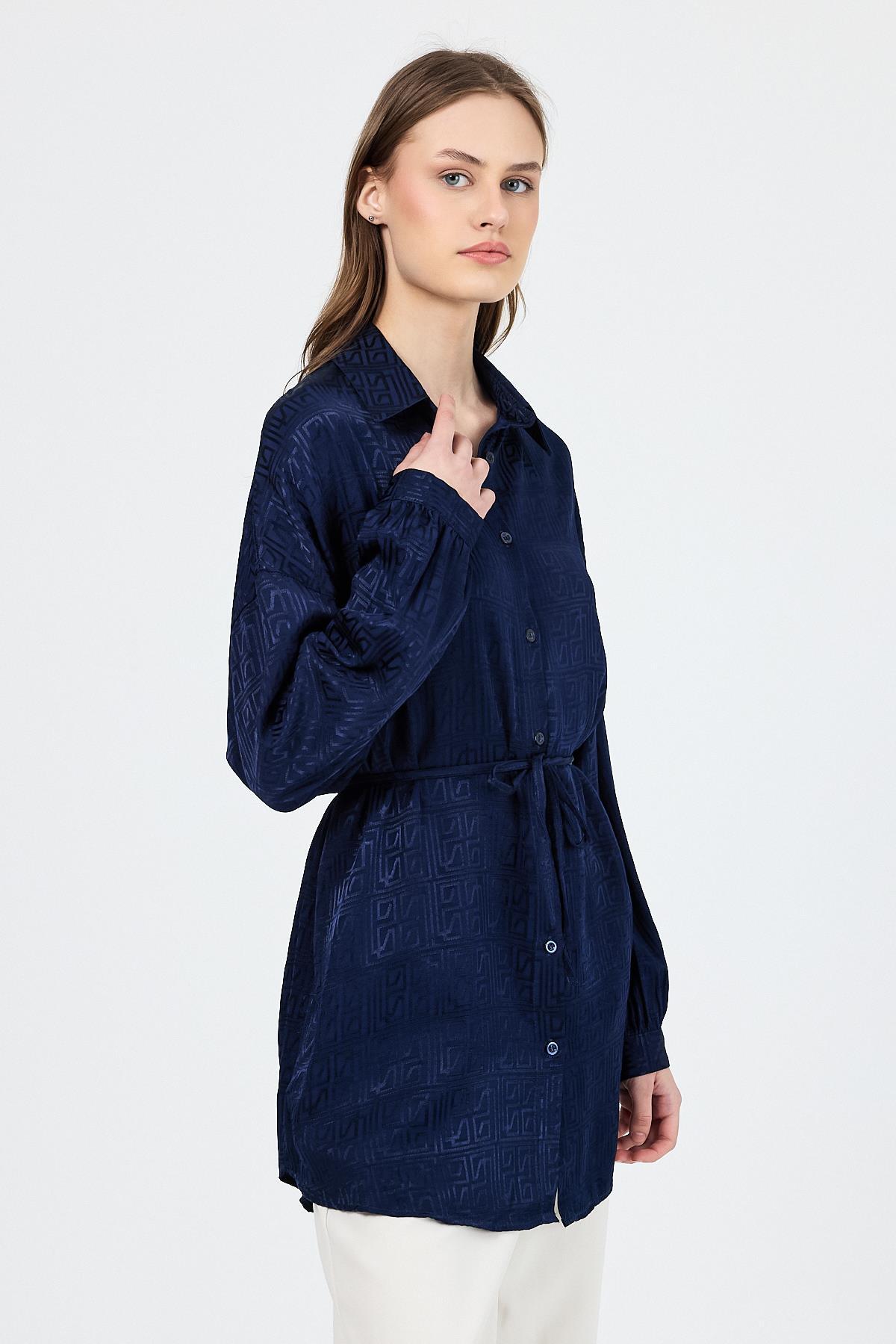 Laci Desenli Saten Görünümlü İp Bağlama Detaylı Gömlek 4293A - 2