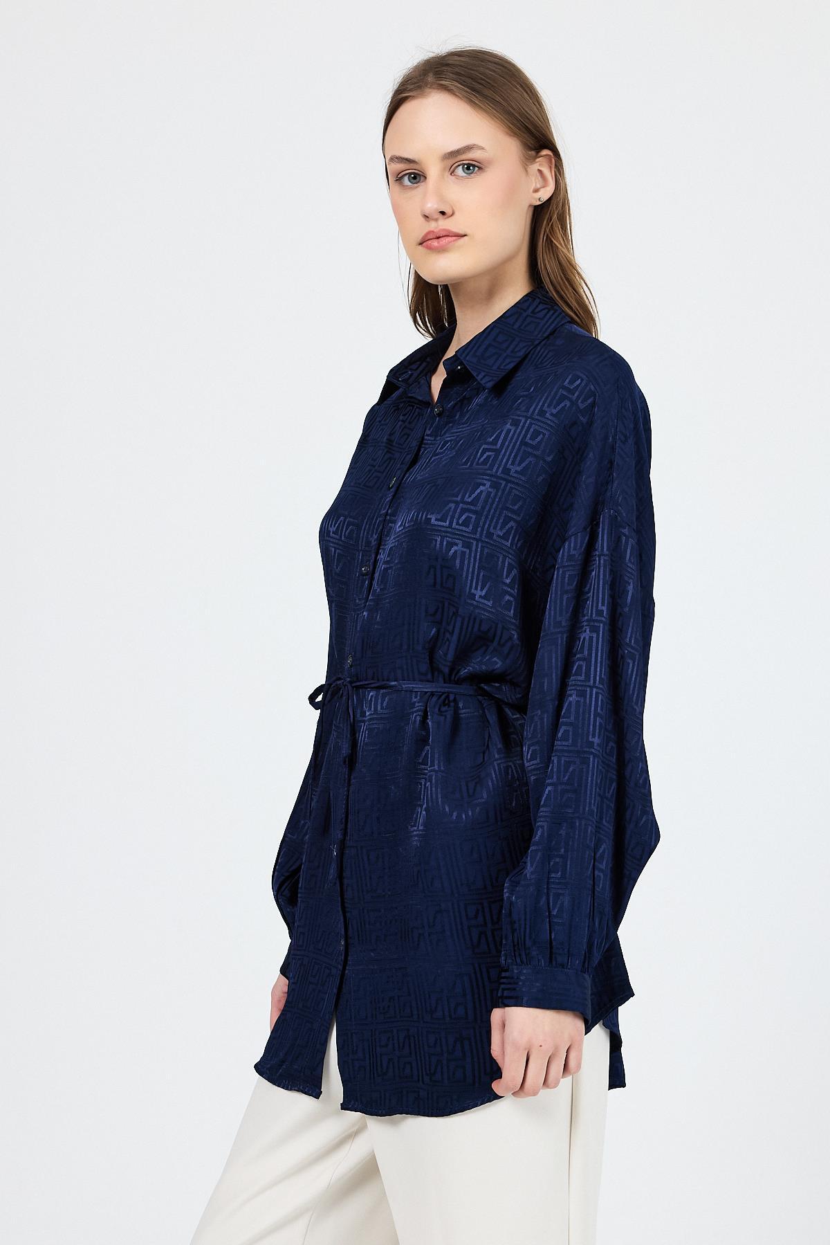 Laci Desenli Saten Görünümlü İp Bağlama Detaylı Gömlek 4293A - 3