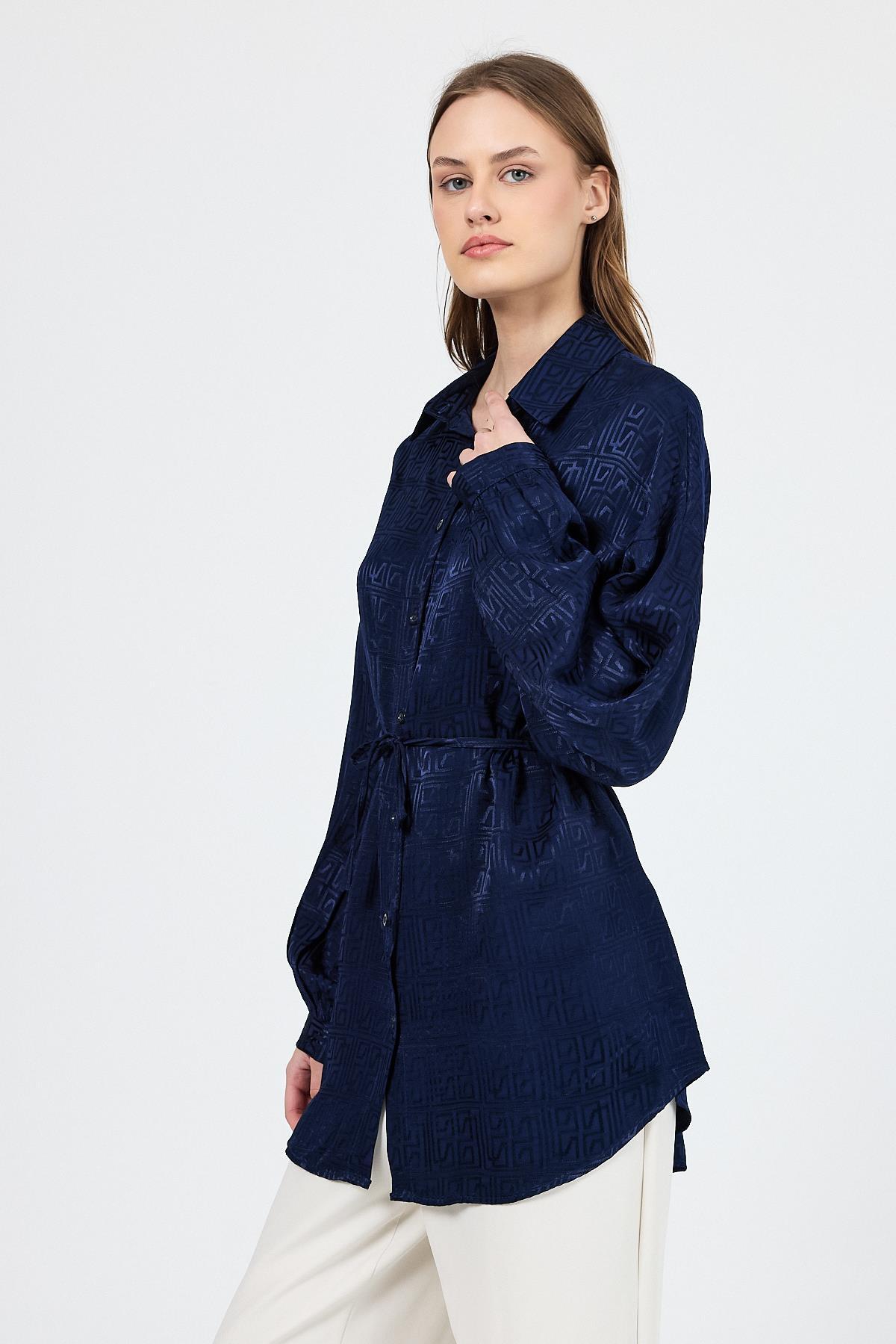 Laci Desenli Saten Görünümlü İp Bağlama Detaylı Gömlek 4293A - 8