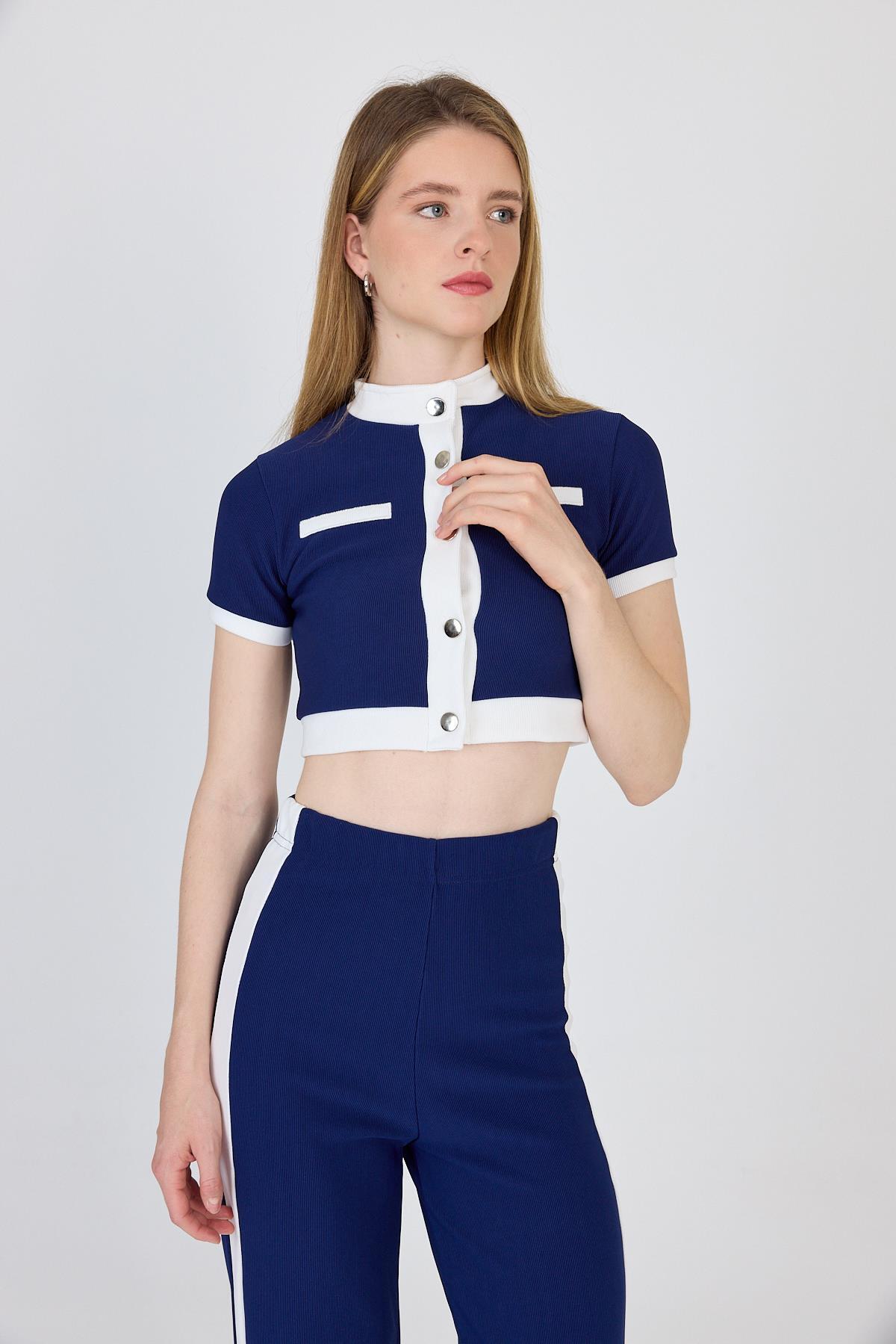 Laci Düğmeli Crop Bluz & Şeritli Palazzo Pantolon Takım 2214 - RAYS