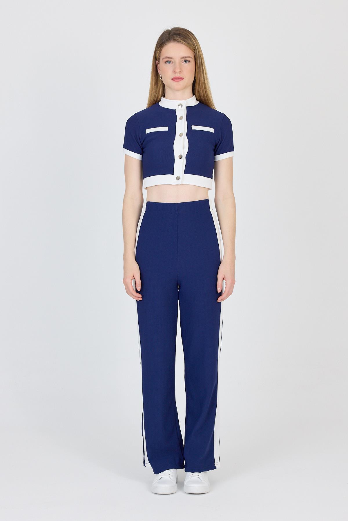 Laci Düğmeli Crop Bluz & Şeritli Palazzo Pantolon Takım 2214 
