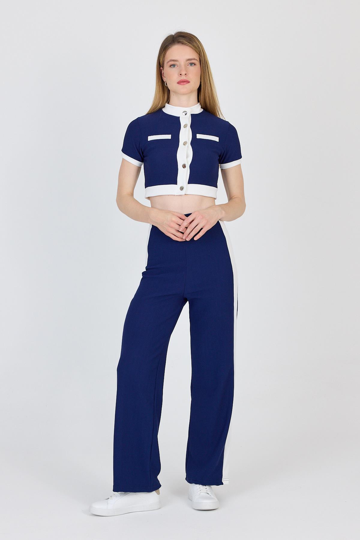 Laci Düğmeli Crop Bluz & Şeritli Palazzo Pantolon Takım 2214 - 2