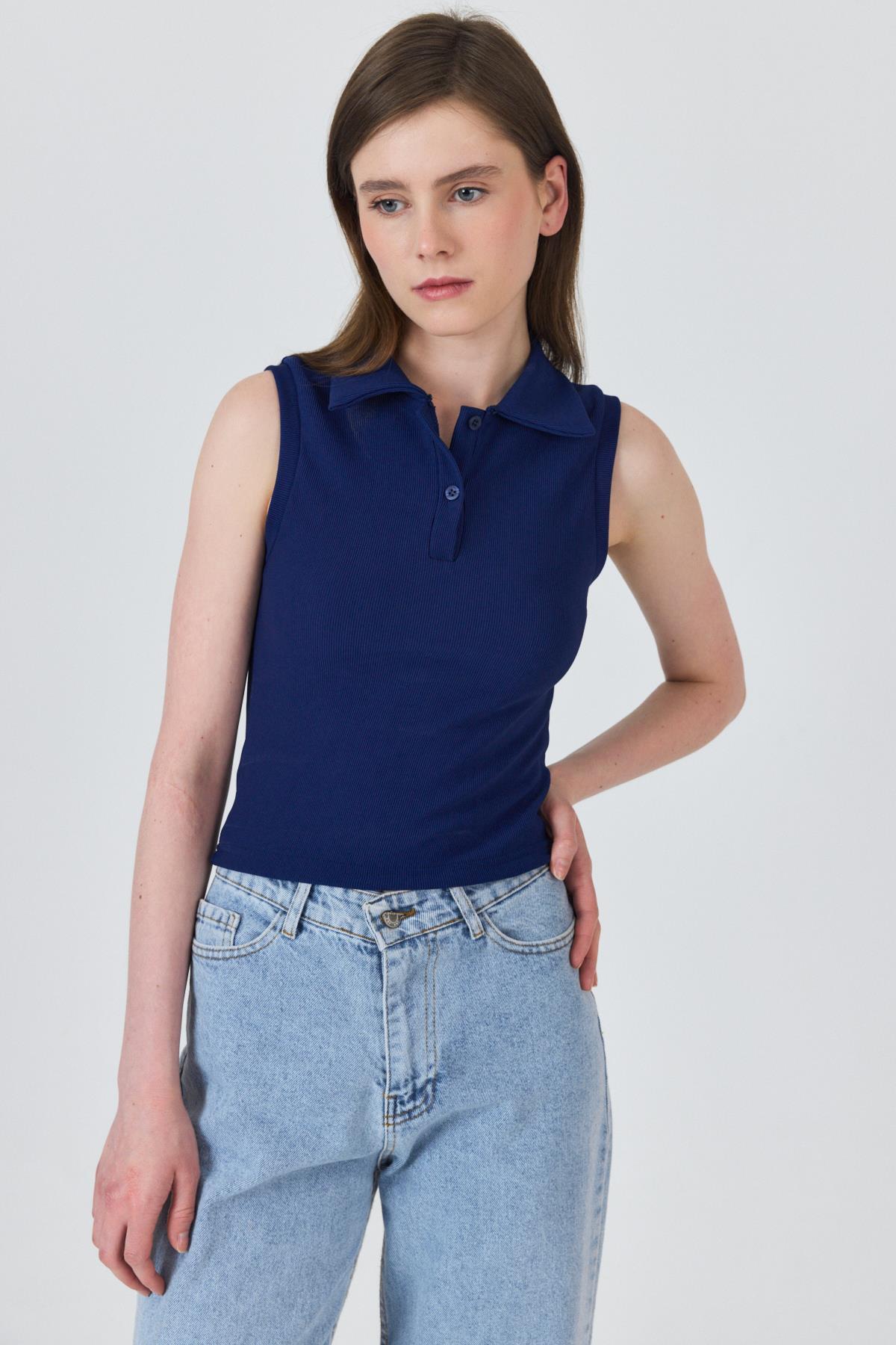 Laci Düğmeli Polo Yaka Sıfır Kol Örme Bluz 2219 - 6