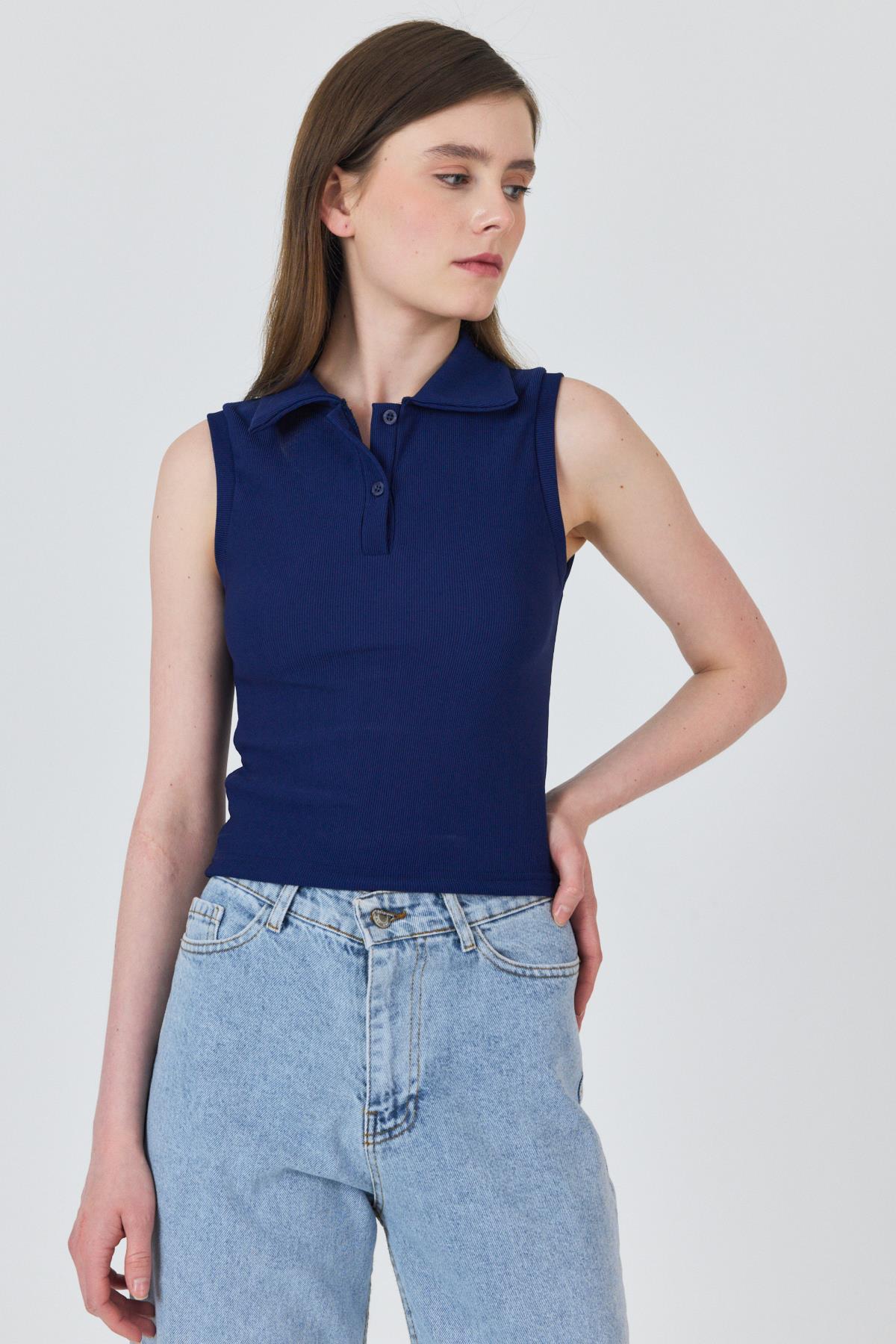 Laci Düğmeli Polo Yaka Sıfır Kol Örme Bluz 2219 - 2