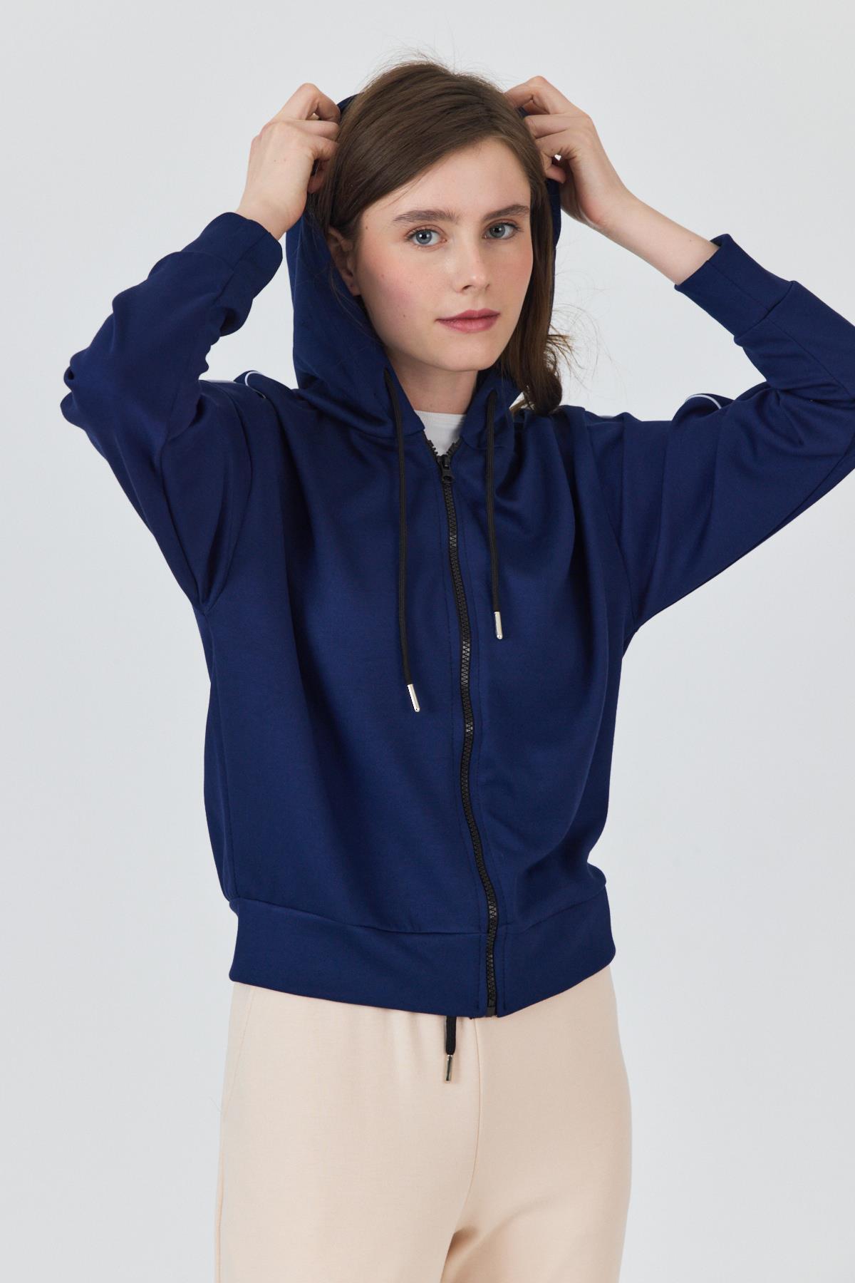 Laci Fermuarlı Kapüşonlu Şerit Detaylı Sweatshirt 3045 - 4