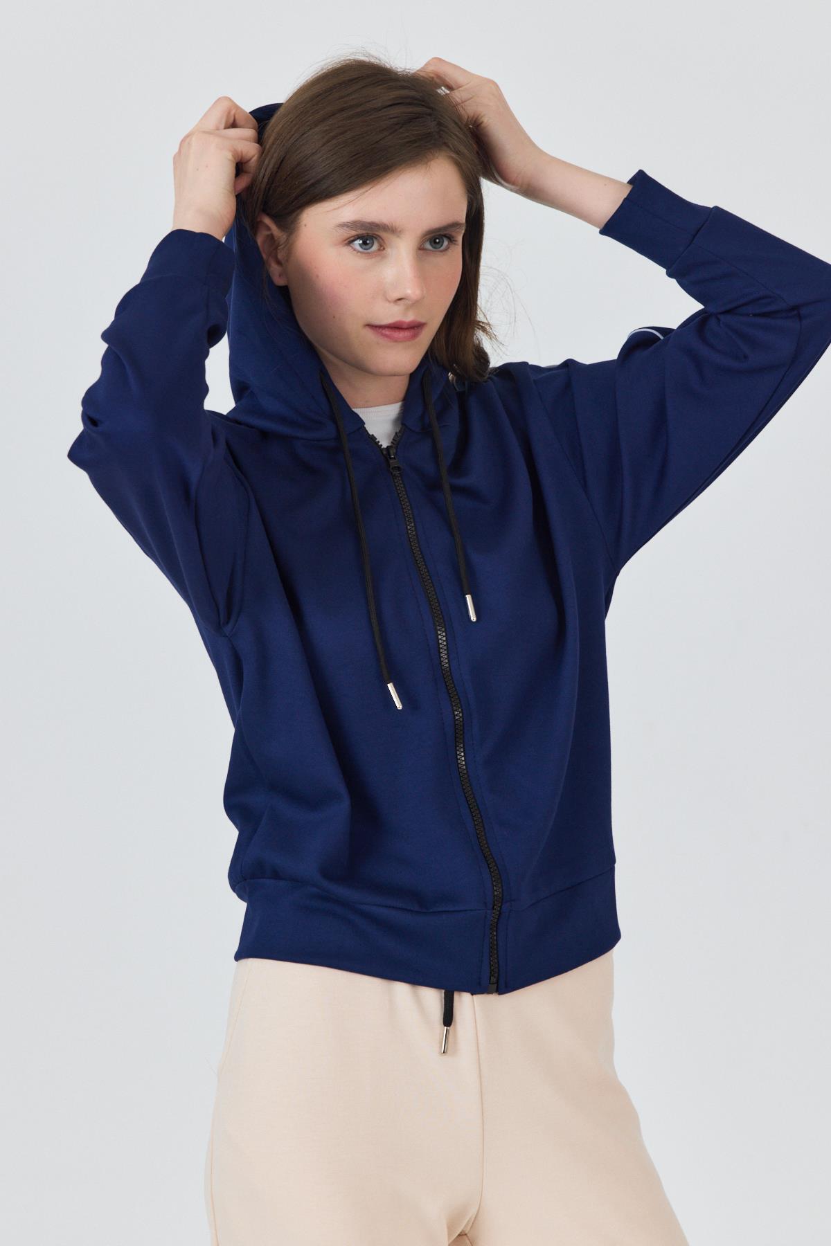 Laci Fermuarlı Kapüşonlu Şerit Detaylı Sweatshirt 3045 - RAYS