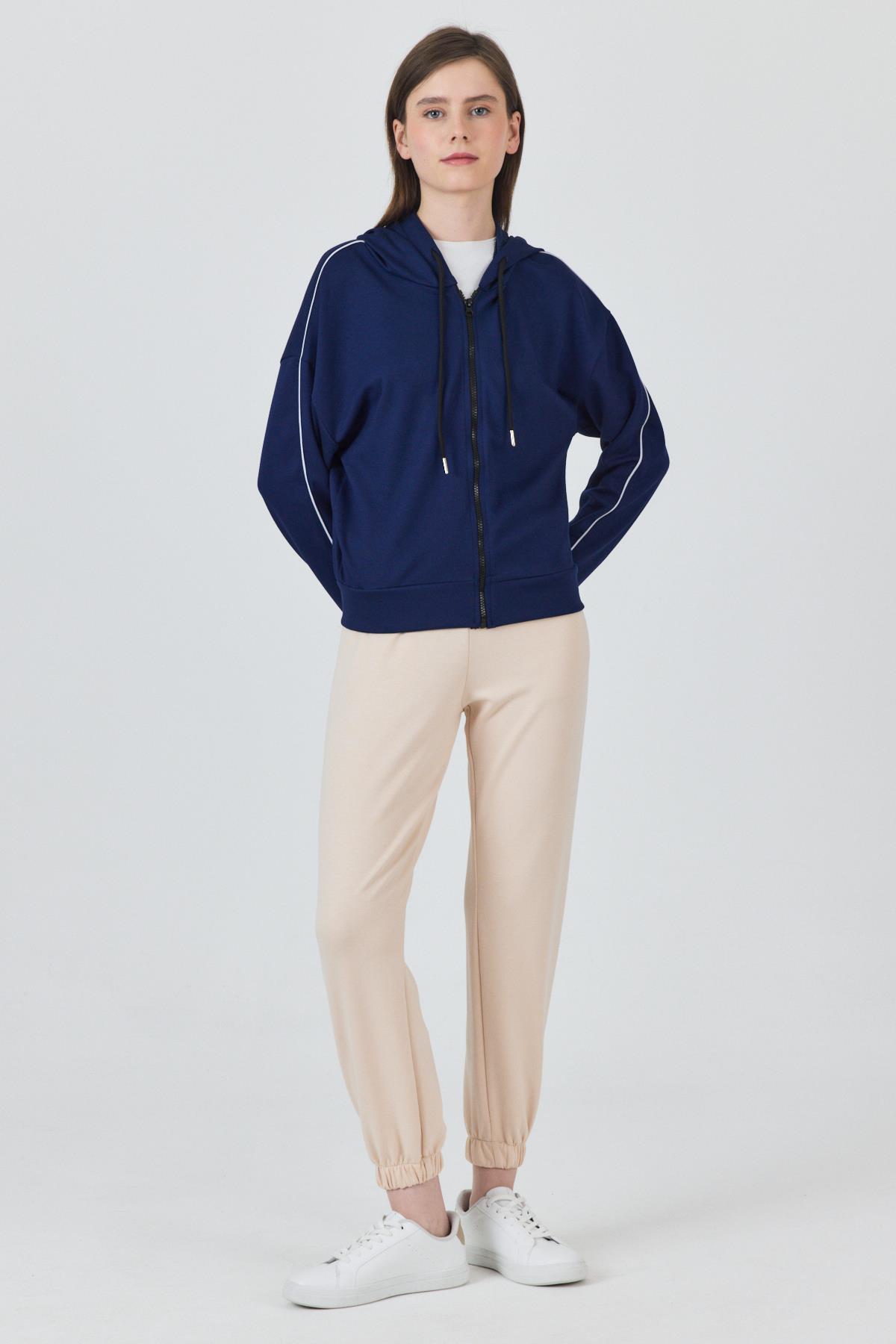 Laci Fermuarlı Kapüşonlu Şerit Detaylı Sweatshirt 3045 - 7