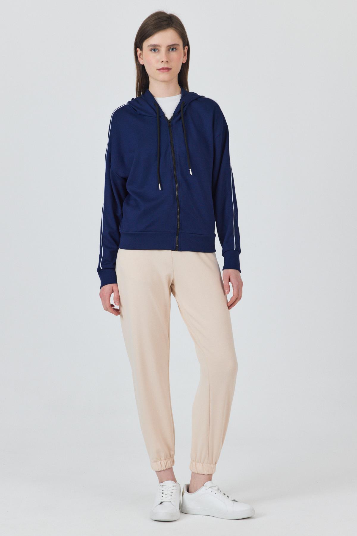 Laci Fermuarlı Kapüşonlu Şerit Detaylı Sweatshirt 3045 - 1