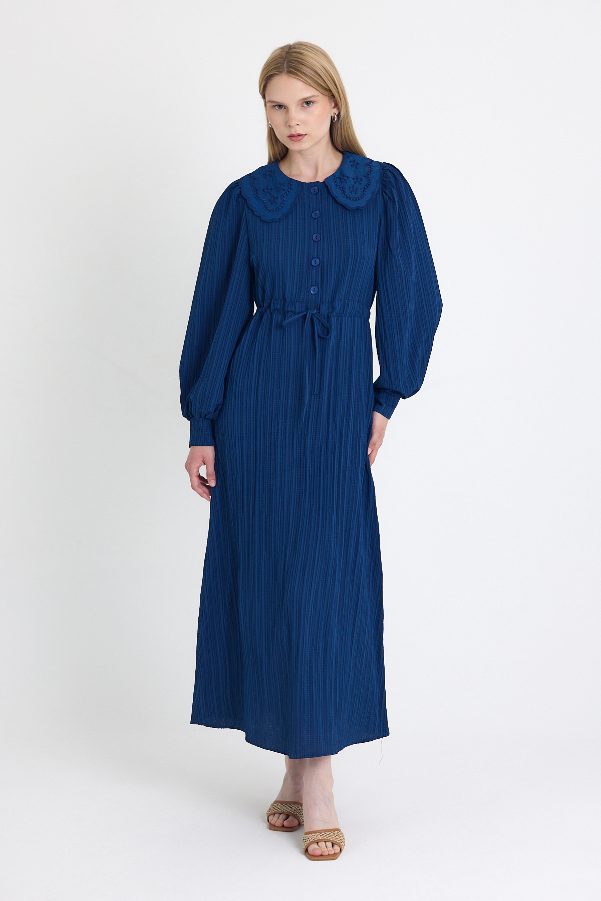 Laci Fisto Detaylı Geniş Yaka Kuşaklı Çizgili Elbise 4330A - 1