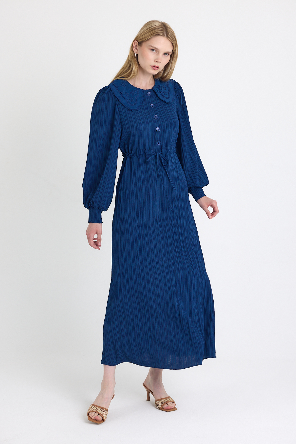 Laci Fisto Detaylı Geniş Yaka Kuşaklı Çizgili Elbise 4330A - 2