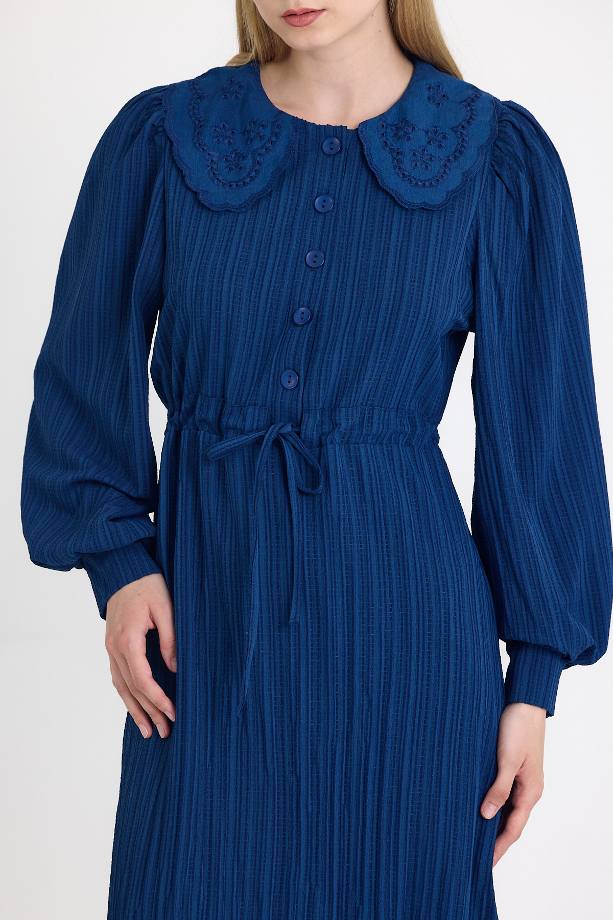 Laci Fisto Detaylı Geniş Yaka Kuşaklı Çizgili Elbise 4330A - 4