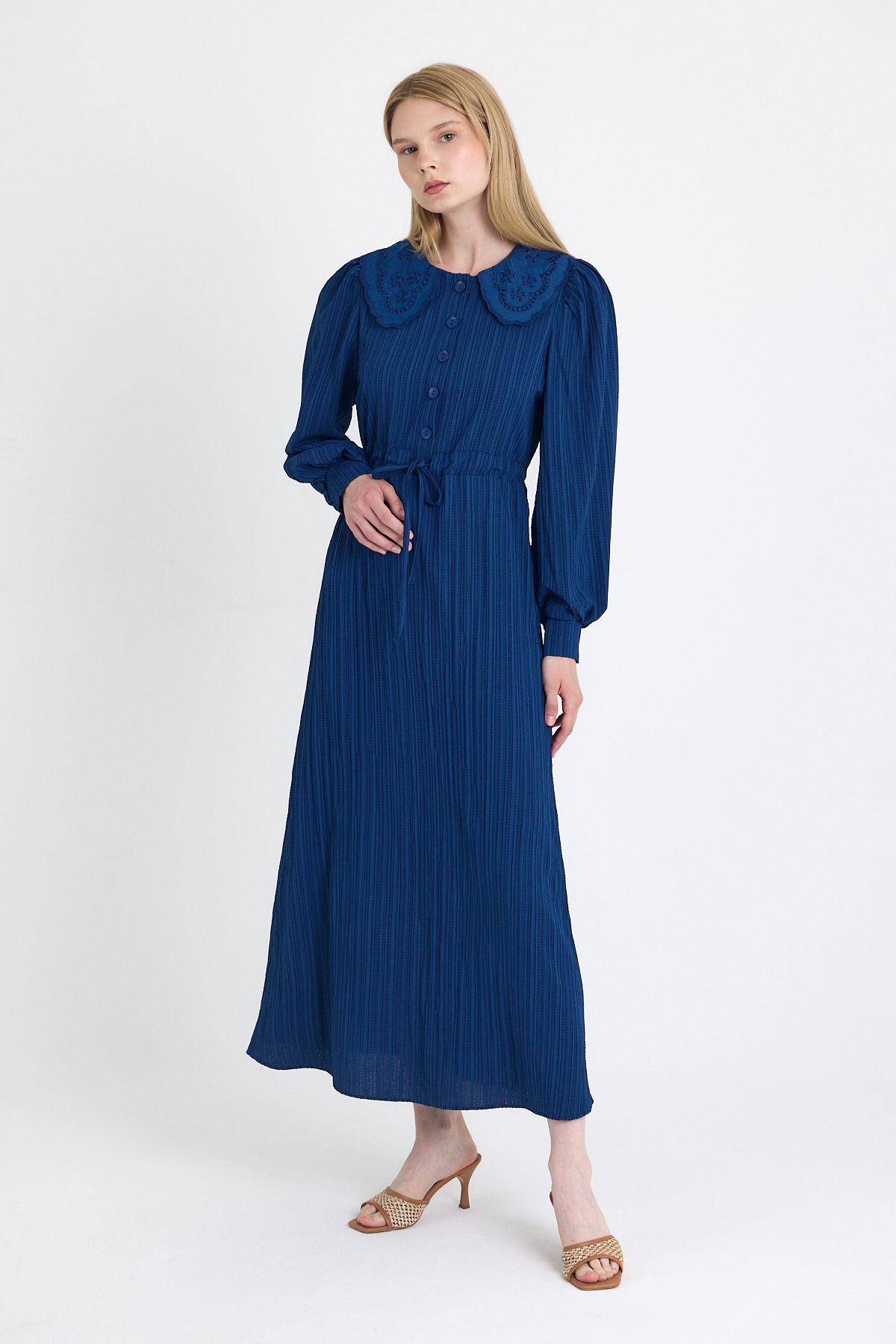 Laci Fisto Detaylı Geniş Yaka Kuşaklı Çizgili Elbise 4330A - 3