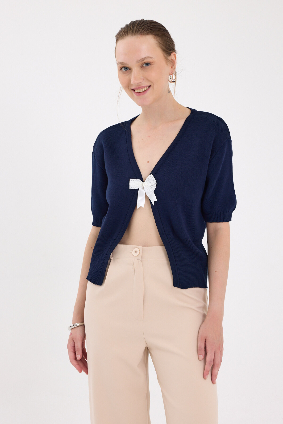 Laci Fiyonk Detaylı Crop Triko Kadın Bluz 2415 - 2