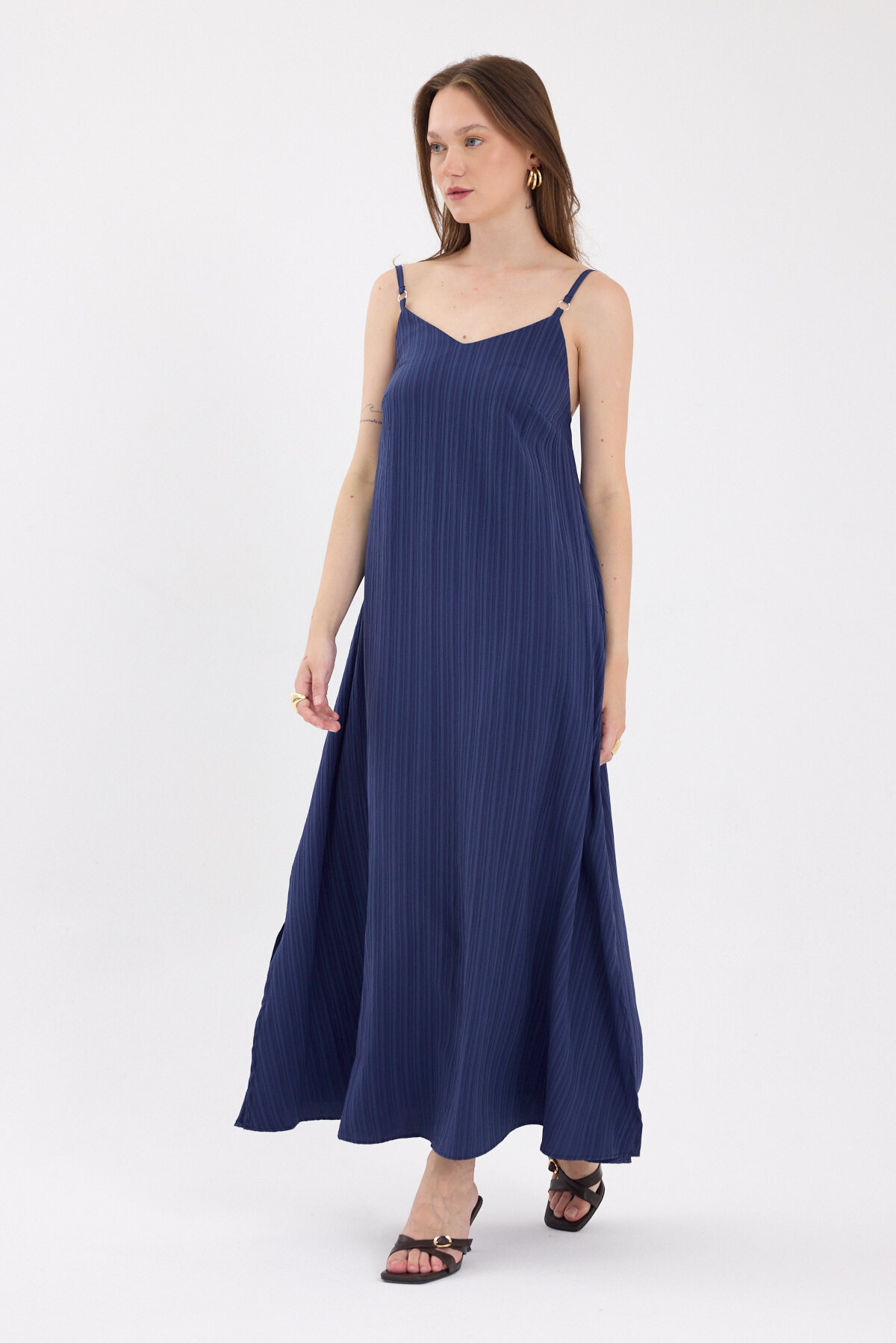 Laci İnce Askılı V Yaka Uzun Elbise 8026A - 7