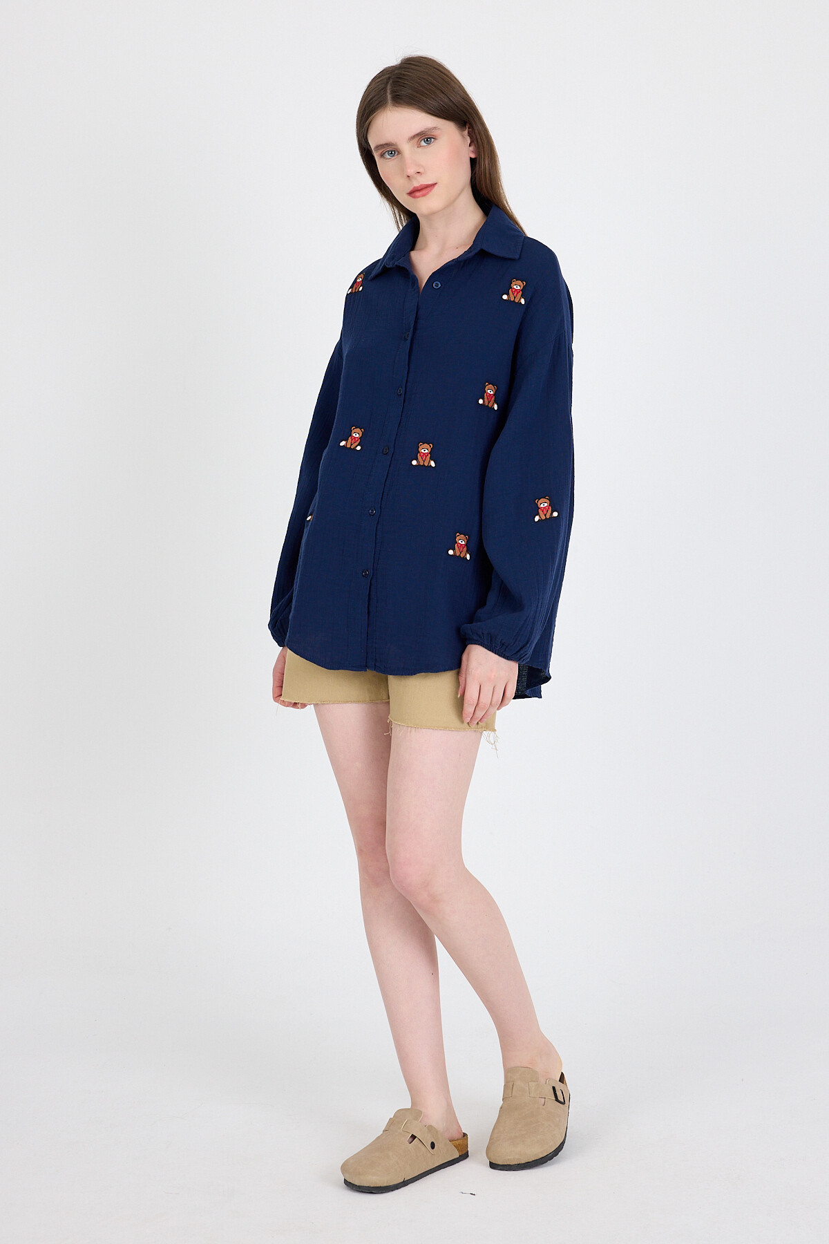 Laci Keten Görünümlü %100 Pamuk Ayıcık Nakışlı Gömlek 4798A - 3