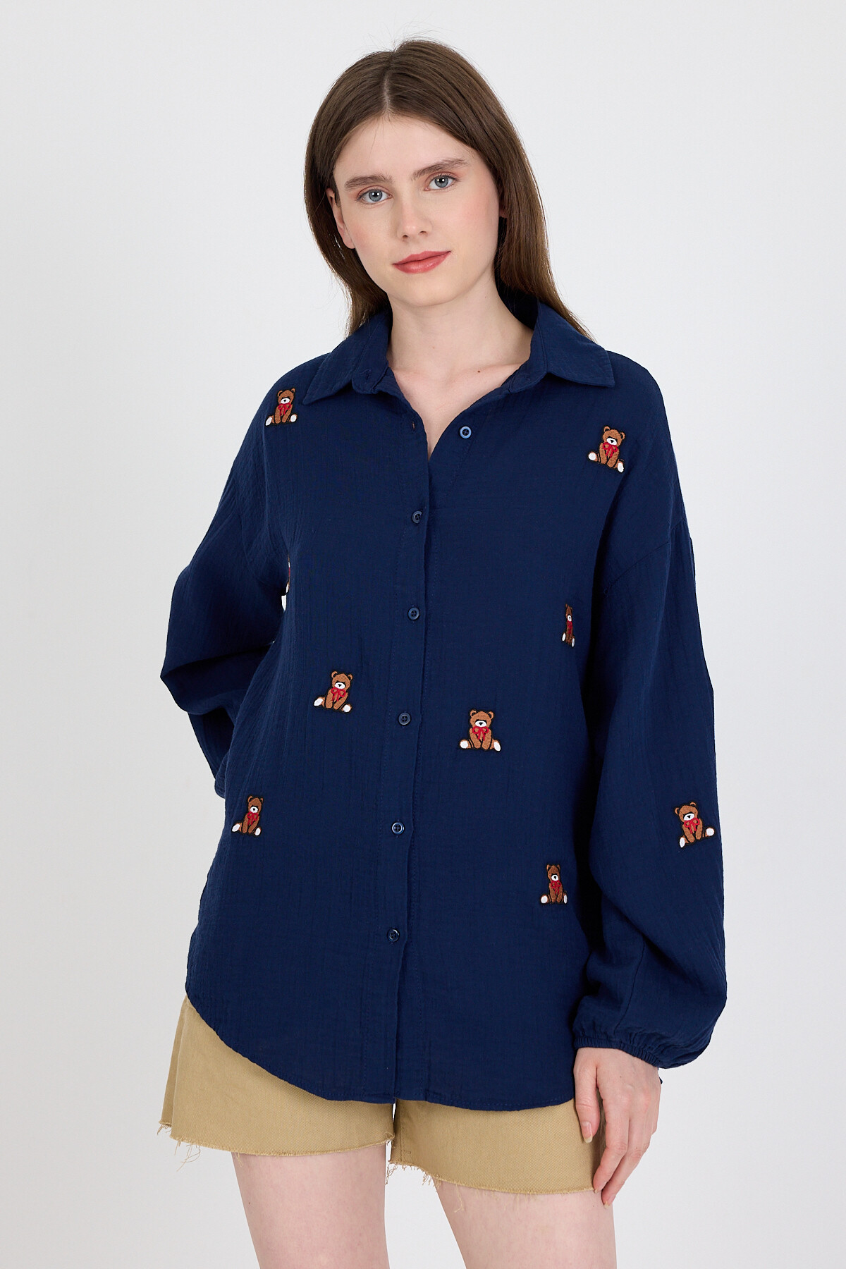 Laci Keten Görünümlü %100 Pamuk Ayıcık Nakışlı Gömlek 4798A 