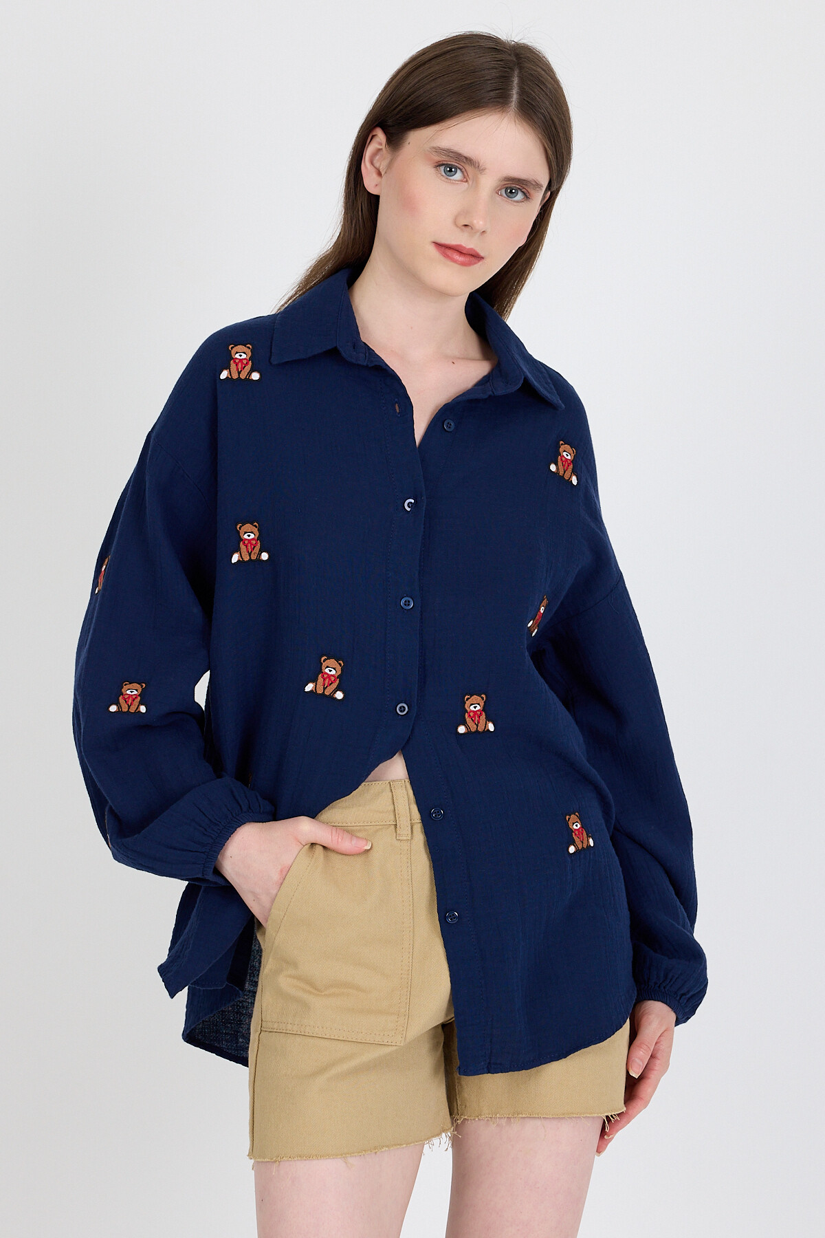 Laci Keten Görünümlü %100 Pamuk Ayıcık Nakışlı Gömlek 4798A - 2