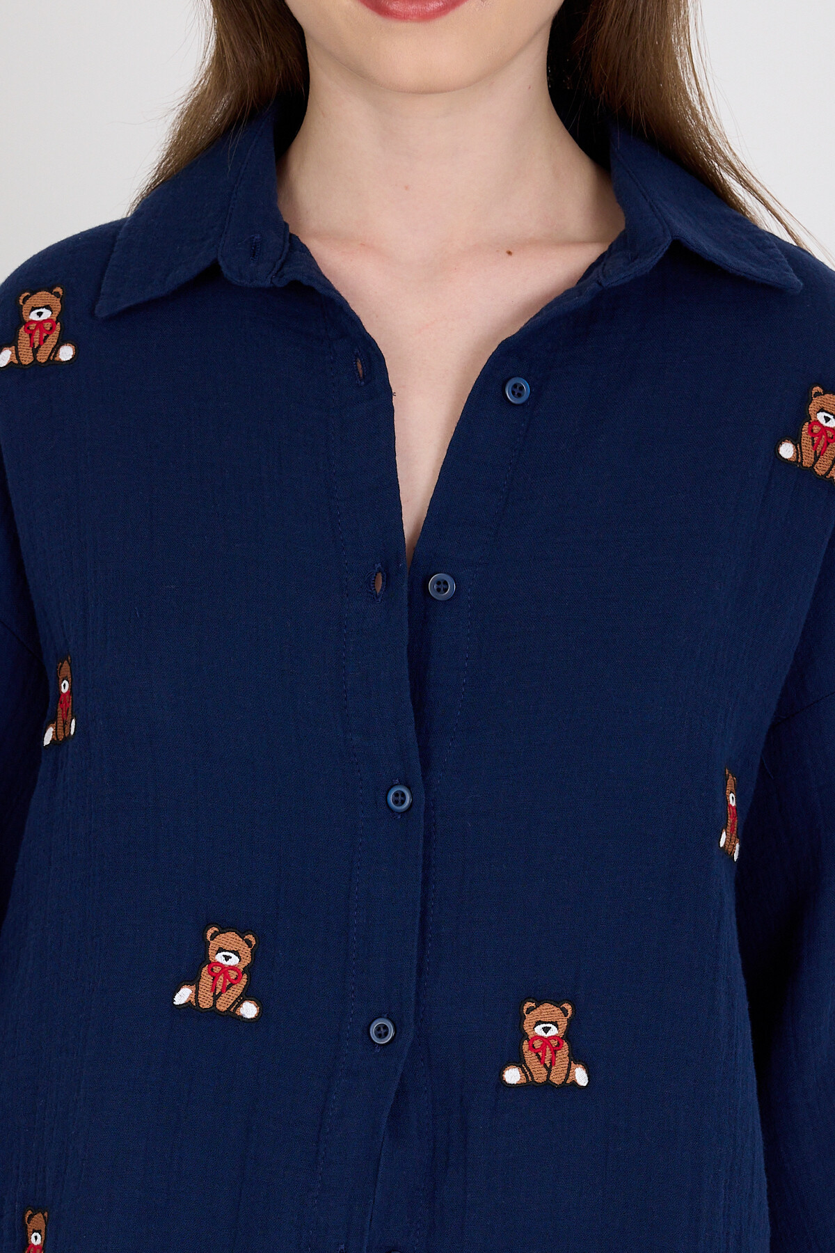 Laci Keten Görünümlü %100 Pamuk Ayıcık Nakışlı Gömlek 4798A - 4