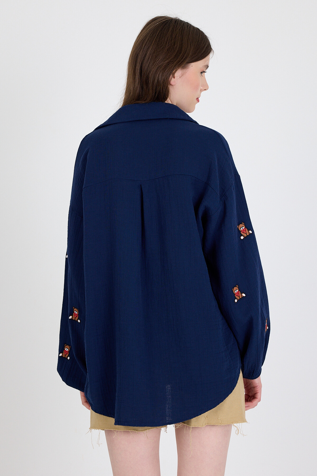 Laci Keten Görünümlü %100 Pamuk Ayıcık Nakışlı Gömlek 4798A - 5