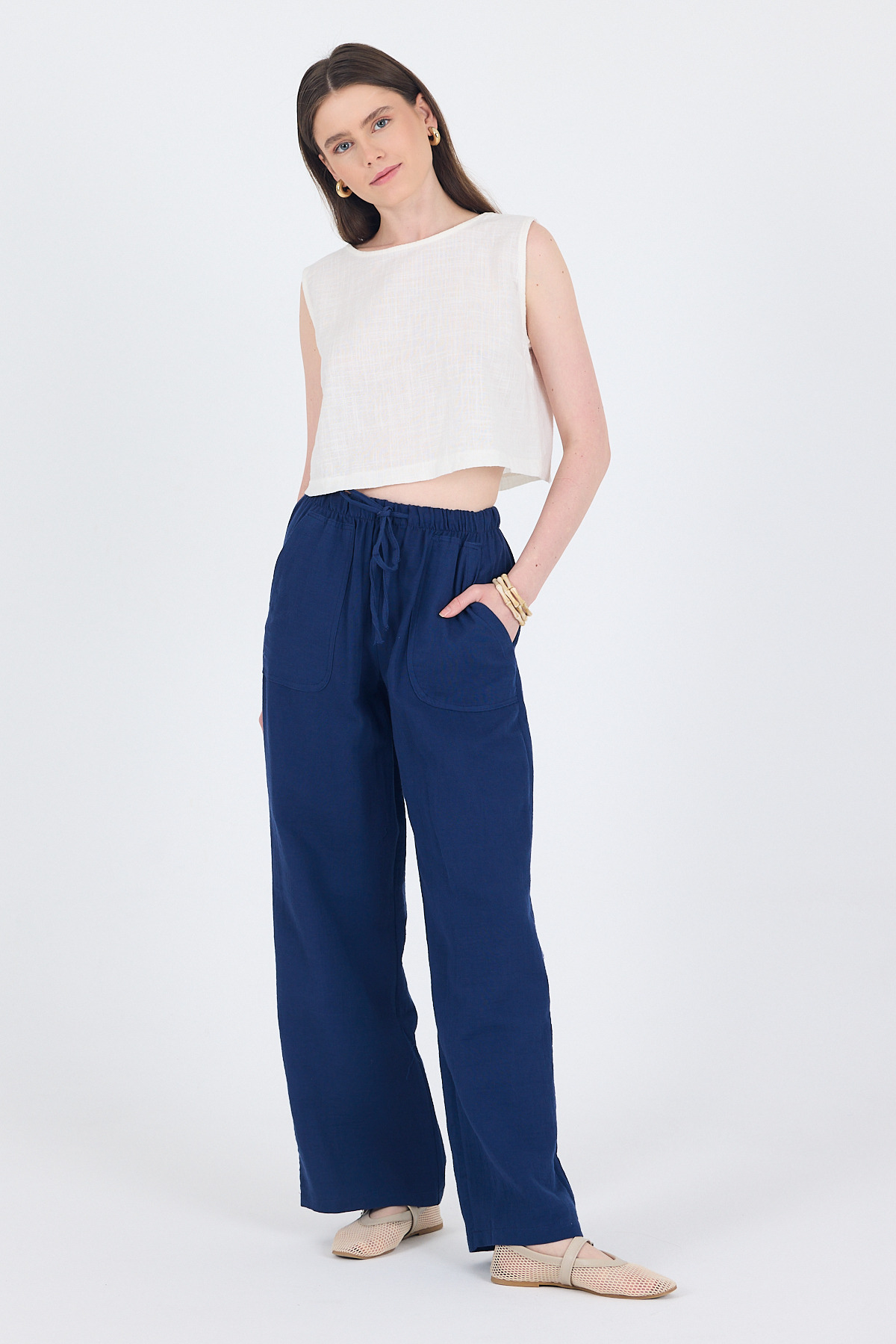 Laci Keten Görünümlü %100 Pamuk Cepli Bol Paça Pantolon 8054A 