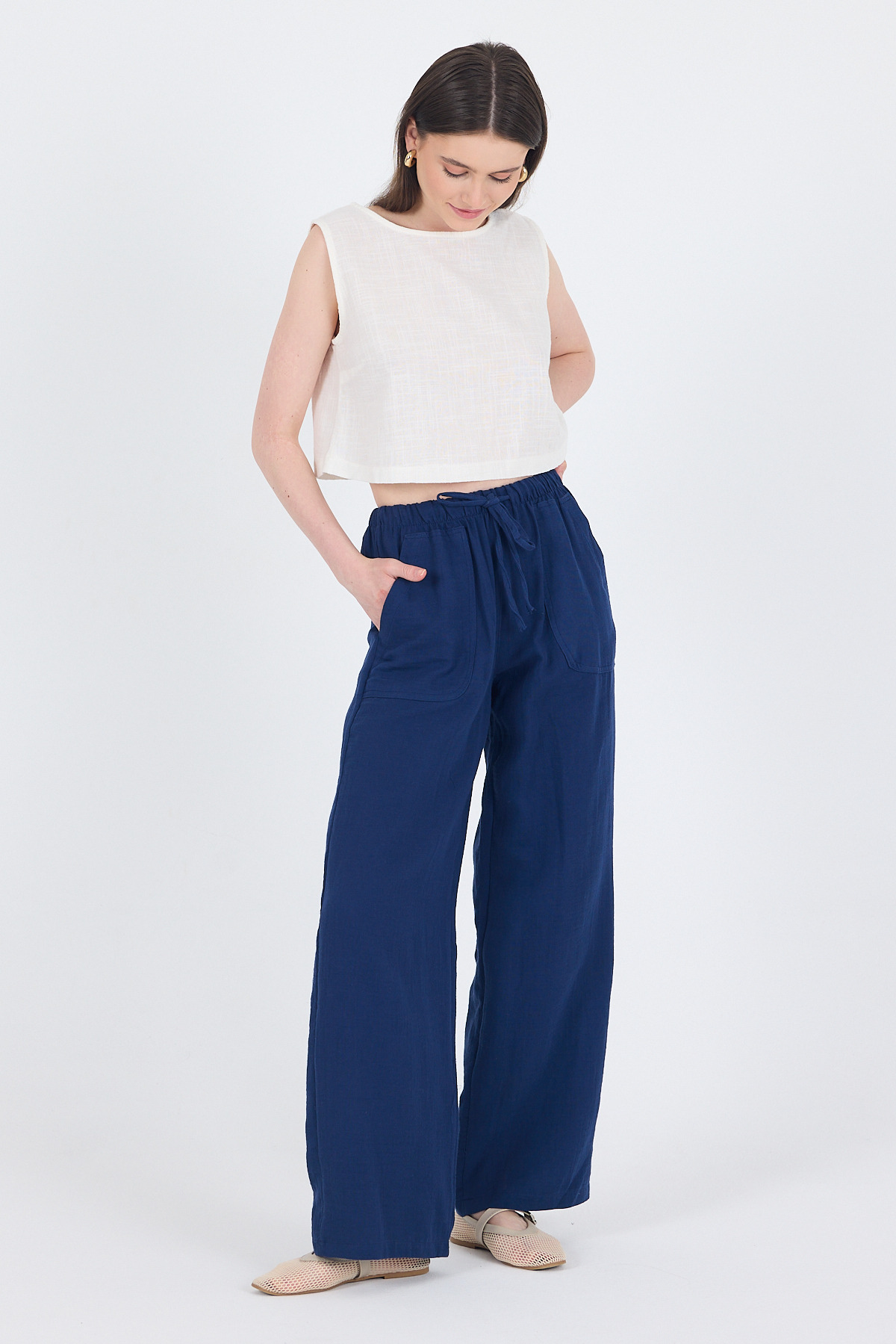 Laci Keten Görünümlü %100 Pamuk Cepli Bol Paça Pantolon 8054A - RAYS