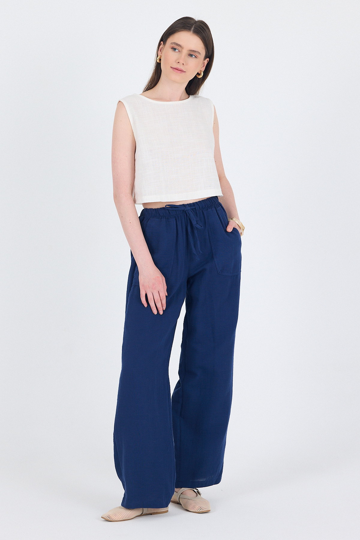 Laci Keten Görünümlü %100 Pamuk Cepli Bol Paça Pantolon 8054A - 3