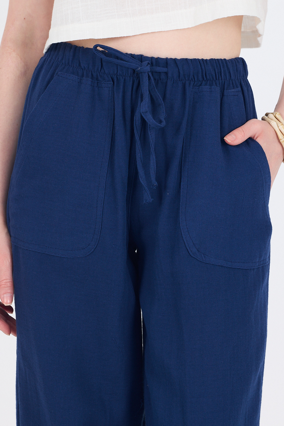 Laci Keten Görünümlü %100 Pamuk Cepli Bol Paça Pantolon 8054A - 4