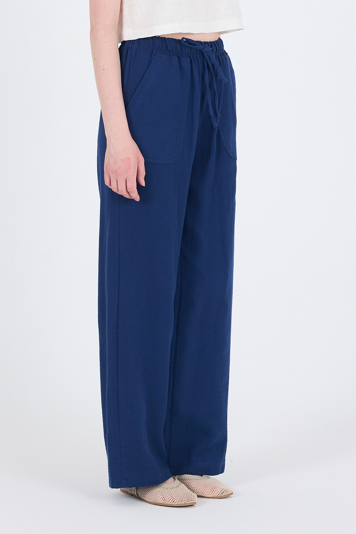 Laci Keten Görünümlü %100 Pamuk Cepli Bol Paça Pantolon 8054A - 5