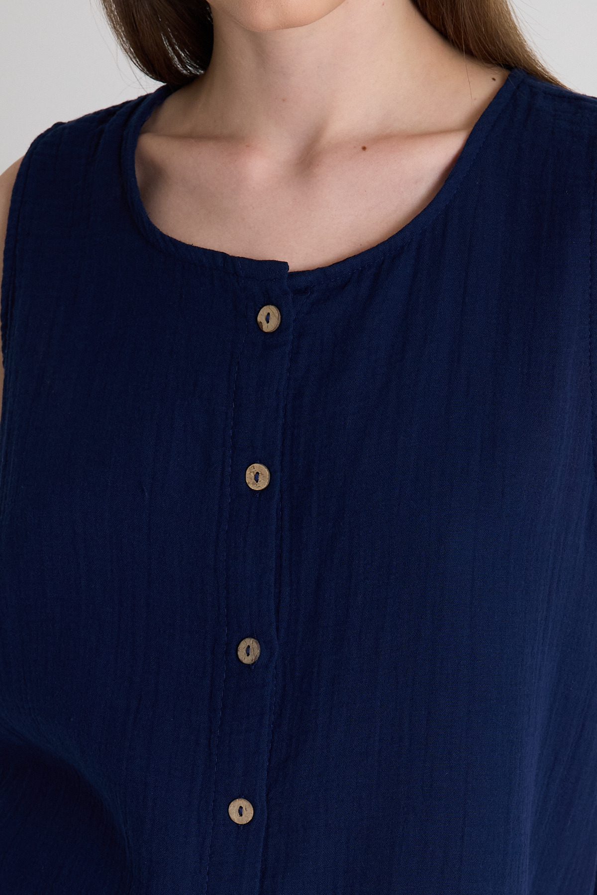 Laci Keten Görünümlü %100 Pamuk Düğmeli Kolsuz Bluz 4808A - RAYS