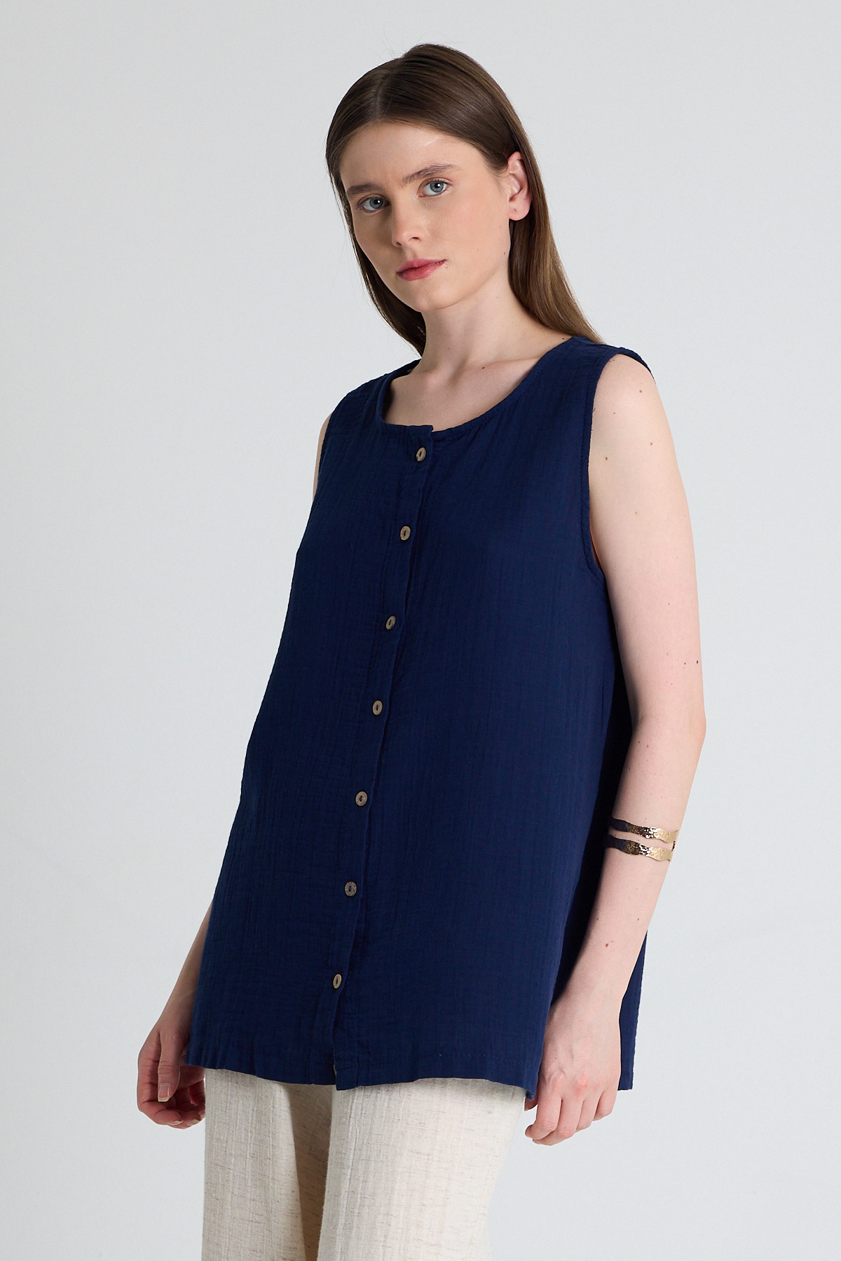 Laci Keten Görünümlü %100 Pamuk Düğmeli Kolsuz Bluz 4808A - 6