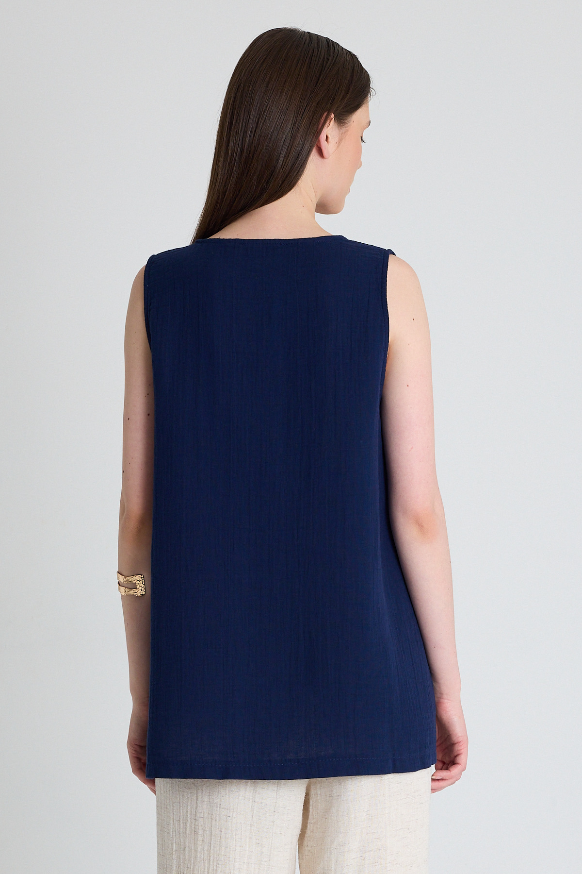 Laci Keten Görünümlü %100 Pamuk Düğmeli Kolsuz Bluz 4808A - 5