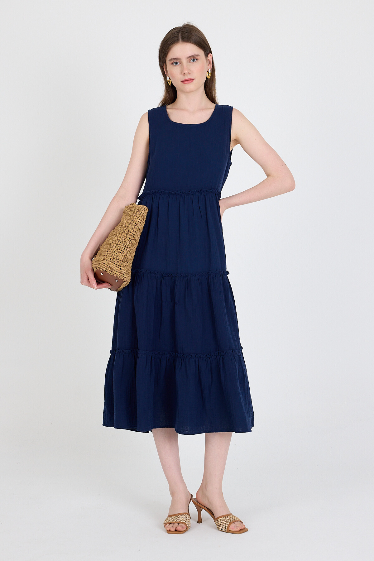 Laci Keten Görünümlü %100 Pamuk Fırfır Detaylı Kolsuz Midi Elbise 4738A - RAYS