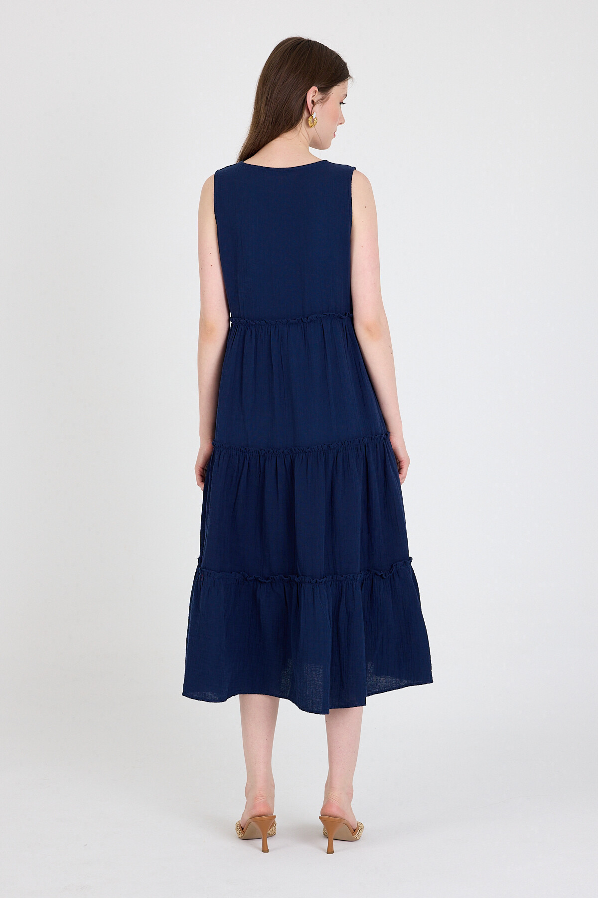 Laci Keten Görünümlü %100 Pamuk Fırfır Detaylı Kolsuz Midi Elbise 4738A - 5