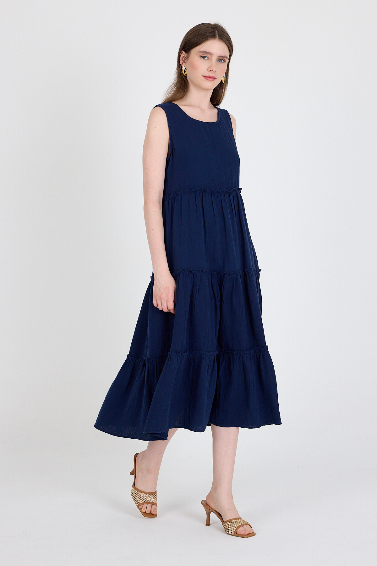 Laci Keten Görünümlü %100 Pamuk Fırfır Detaylı Kolsuz Midi Elbise 4738A - 7