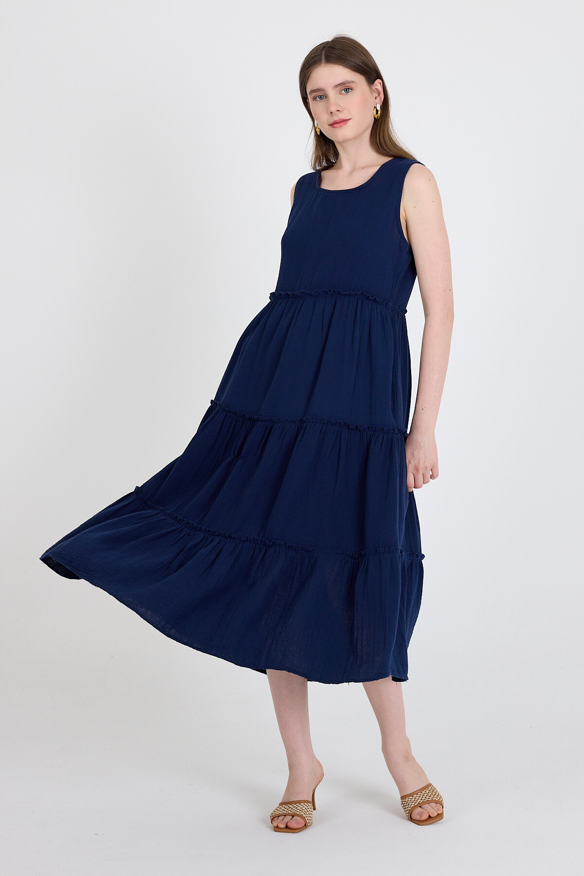 Laci Keten Görünümlü %100 Pamuk Fırfır Detaylı Kolsuz Midi Elbise 4738A - 3