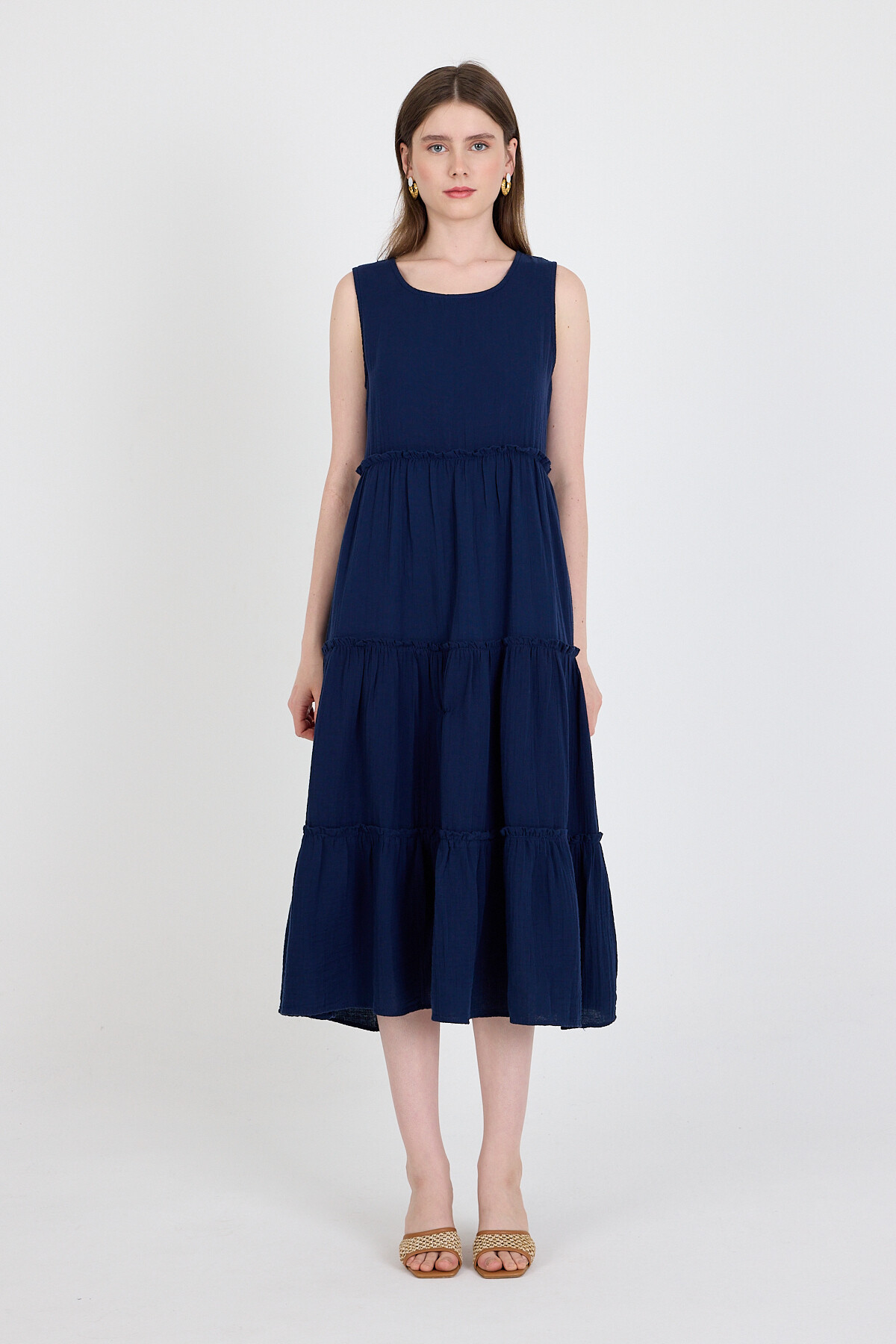 Laci Keten Görünümlü %100 Pamuk Fırfır Detaylı Kolsuz Midi Elbise 4738A - 6