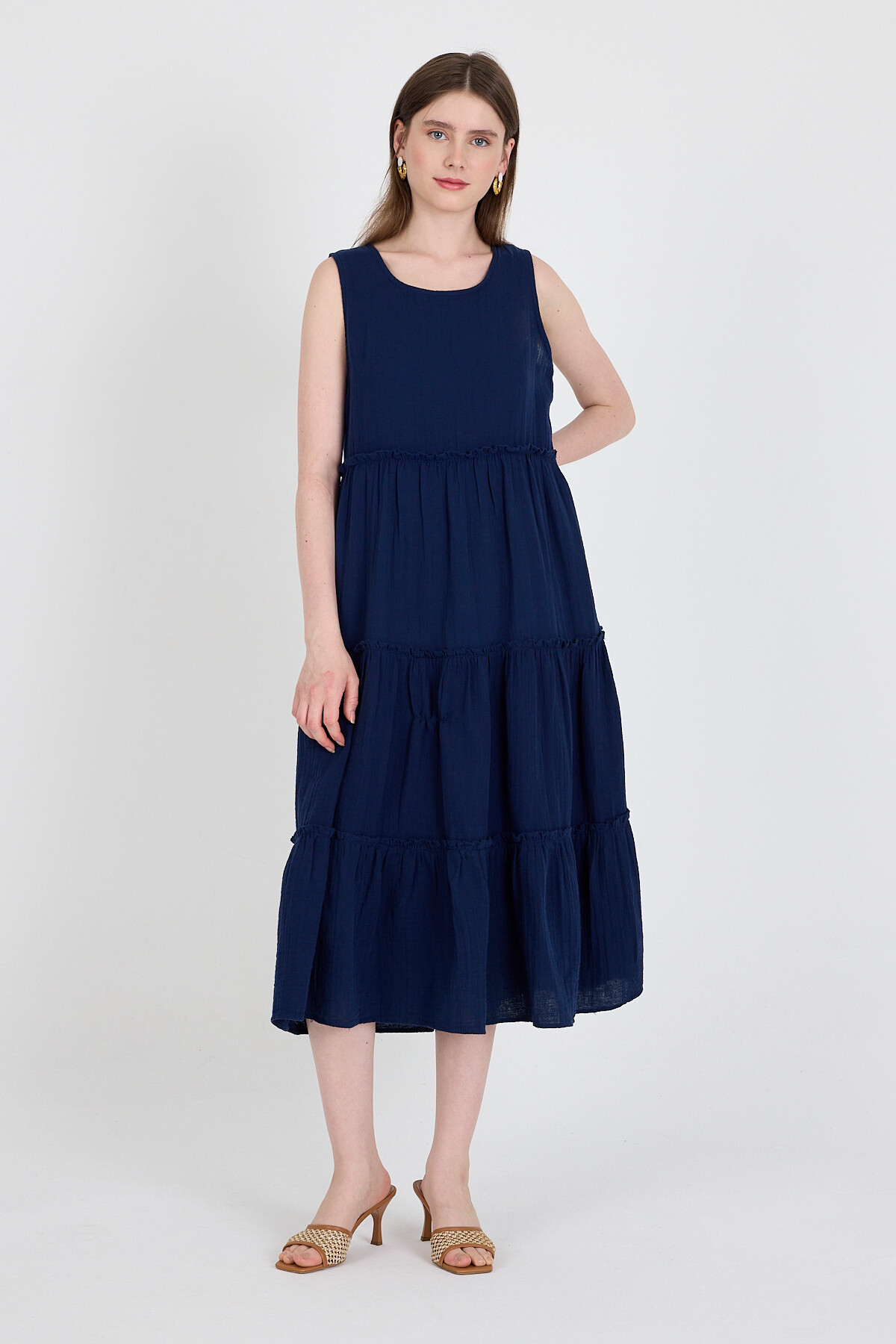 Laci Keten Görünümlü %100 Pamuk Fırfır Detaylı Kolsuz Midi Elbise 4738A - 2