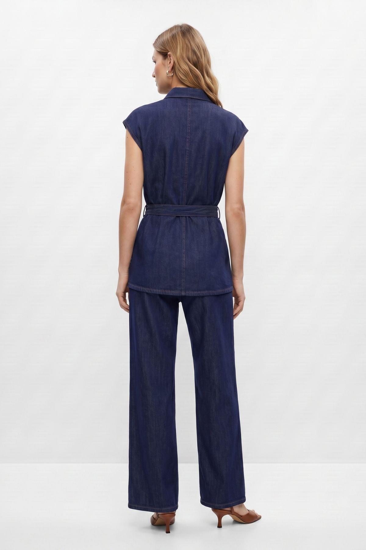Laci Kuşaklı Sıfır Kol Jean Ceket Pantolon Takım 002 - RAYS